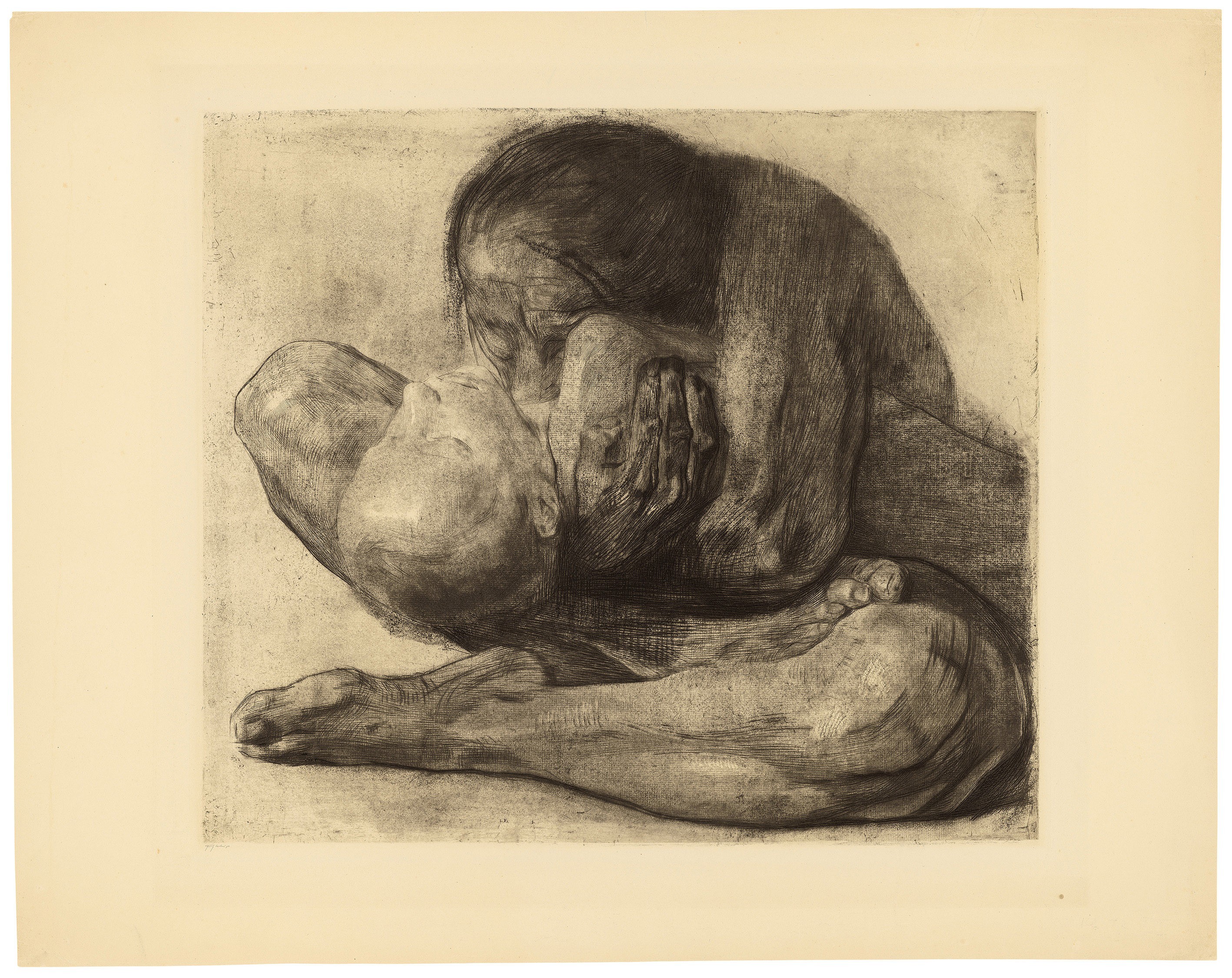Käthe Kollwitz, Woman with dead Child, 1903, line etching, drypoint, sandpaper and soft ground with imprint of ribbed laid paper and Ziegler's transfer paper, 424 x 486 mm, Kn 81 VIII a, Kollwitz Museum Köln, Inv. Nr. 770300/89021.