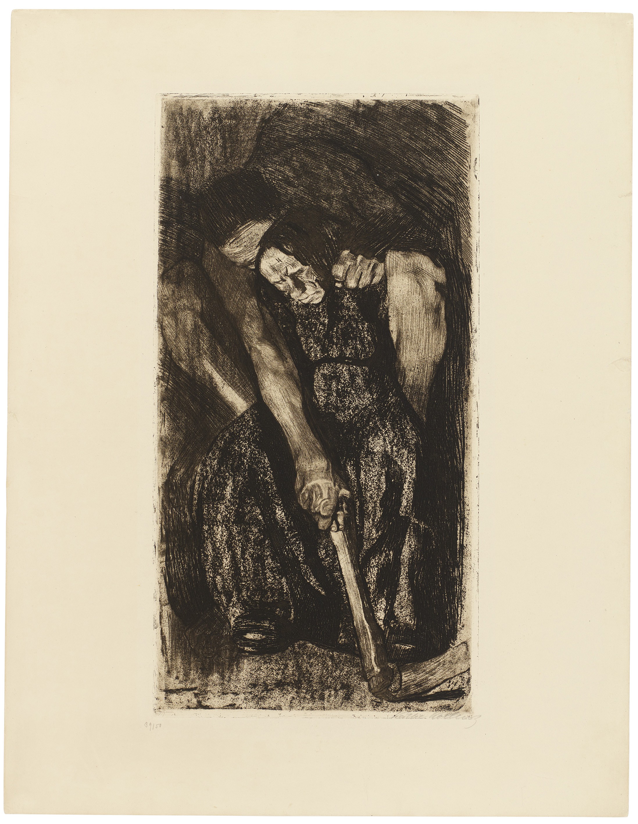 Käthe Kollwitz, Inspiration, 1904, line etching, drypoint, reservage, sandpaper and soft ground with imprint of laid paper, 564 x 297 mm, Kn 86 VII d, Kollwitz Museum Köln, Inv. Nr. 70300/85016.