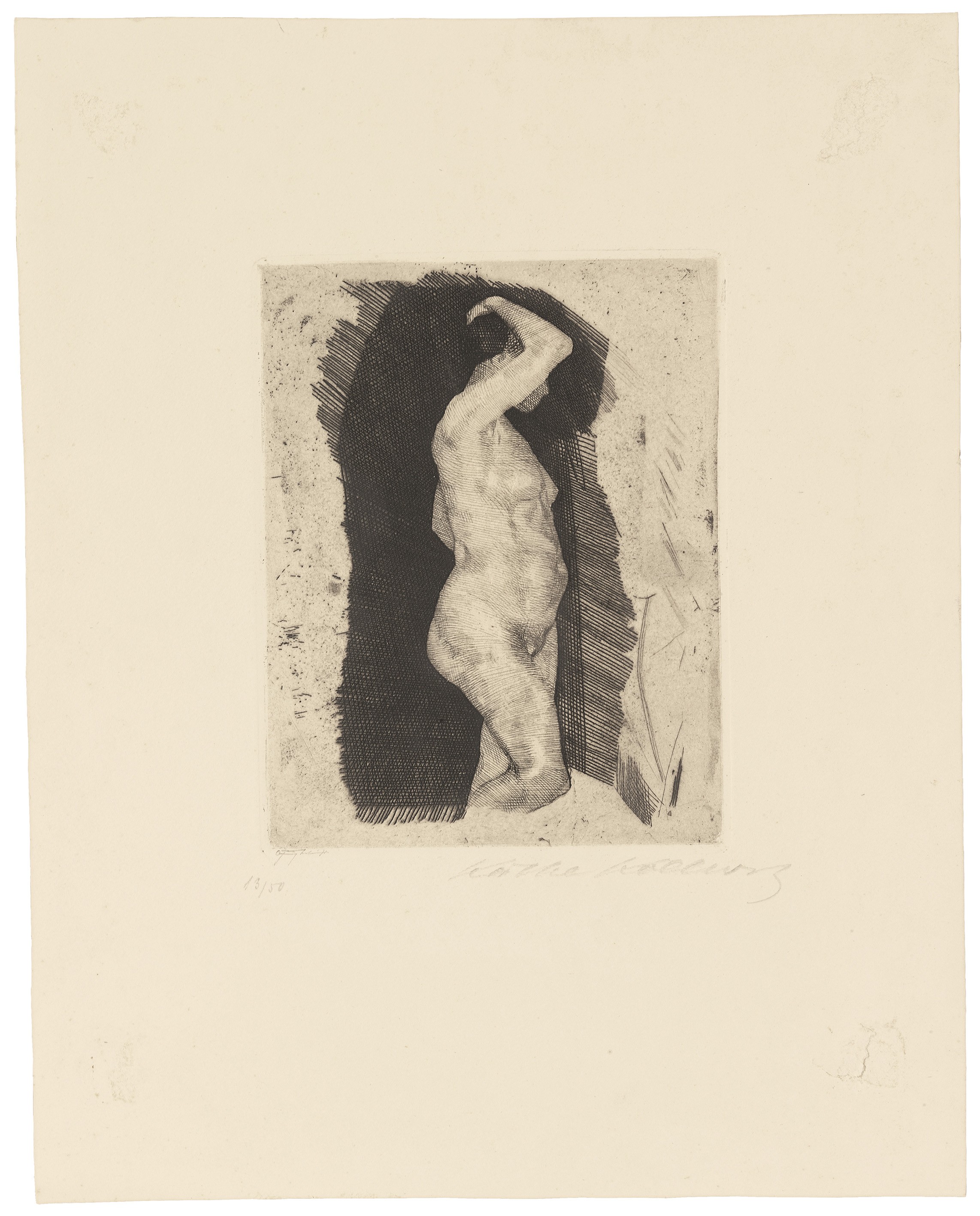 Käthe Kollwitz, Standing Female Nude, 1900, line etching and drypoint on copperplate paper, 177 x 137 mm, Kn 50 II c, Kollwitz Museum Köln, Inv. Nr. 70300/85008.