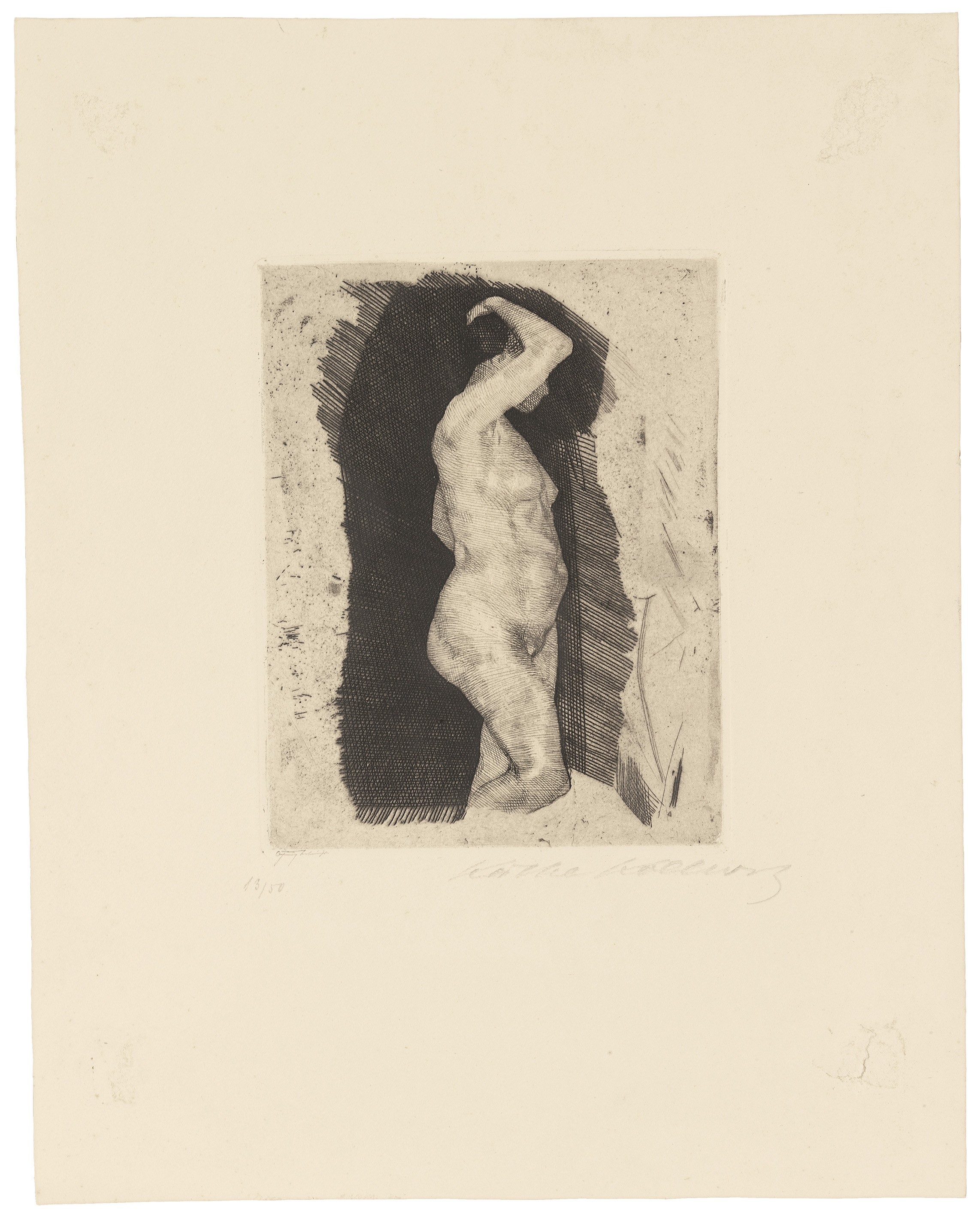 Käthe Kollwitz, Standing Female Nude, 1900, line etching and drypoint on copperplate paper, 177 x 137 mm, Kn 50 II c, Kollwitz Museum Köln, Inv. Nr. 70300/85008.
