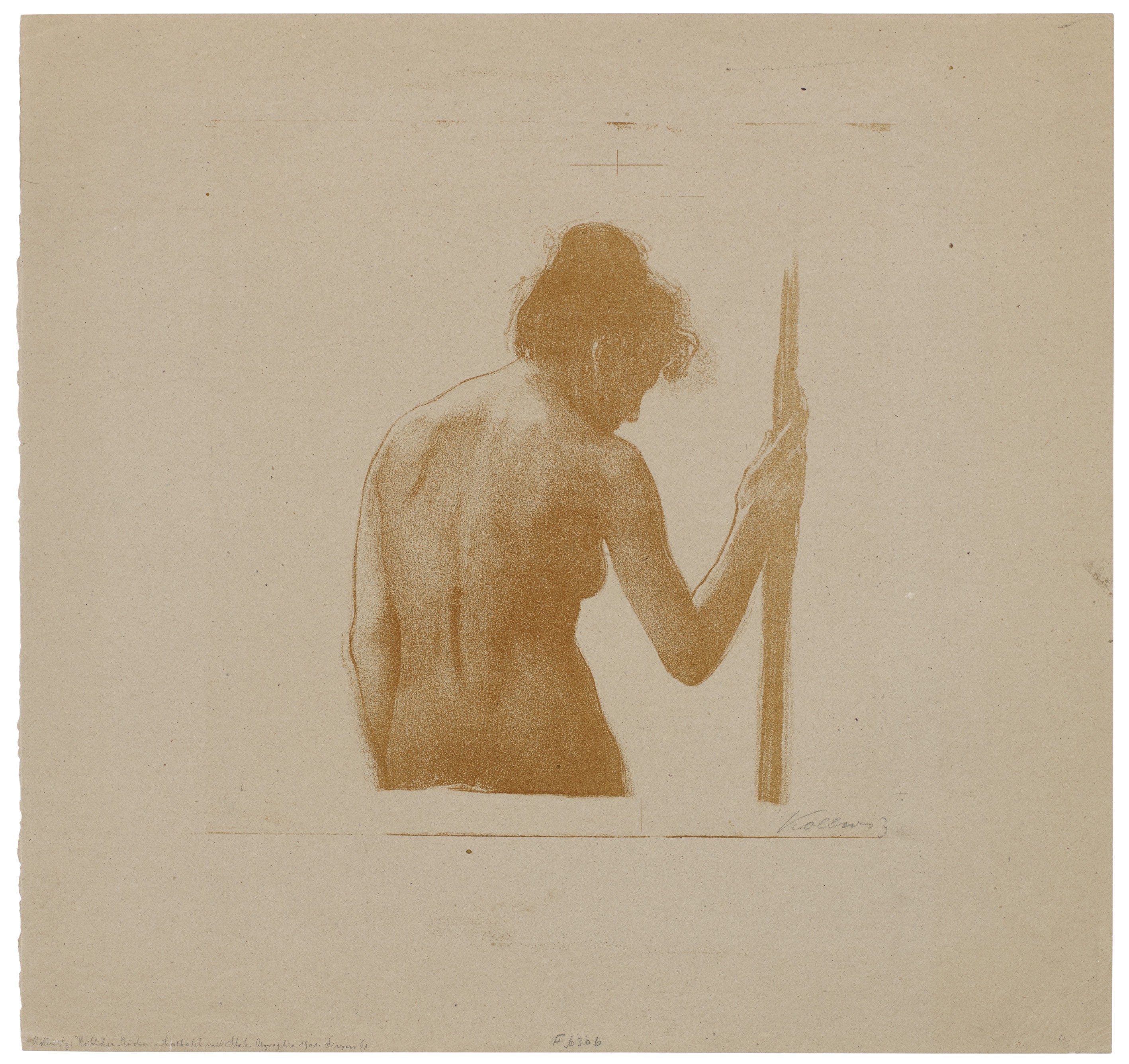 Käthe Kollwitz, Female Nude, Half-figure, with Pole, 1901?, lithograph from aluminium plates, with scratch technique in the drawing plate, reddish brown on thin Bristol cardboard, 275 x 216 mm, Kn 58 b, Kollwitz Museum Köln, Inv. Nr. 70300/03004.