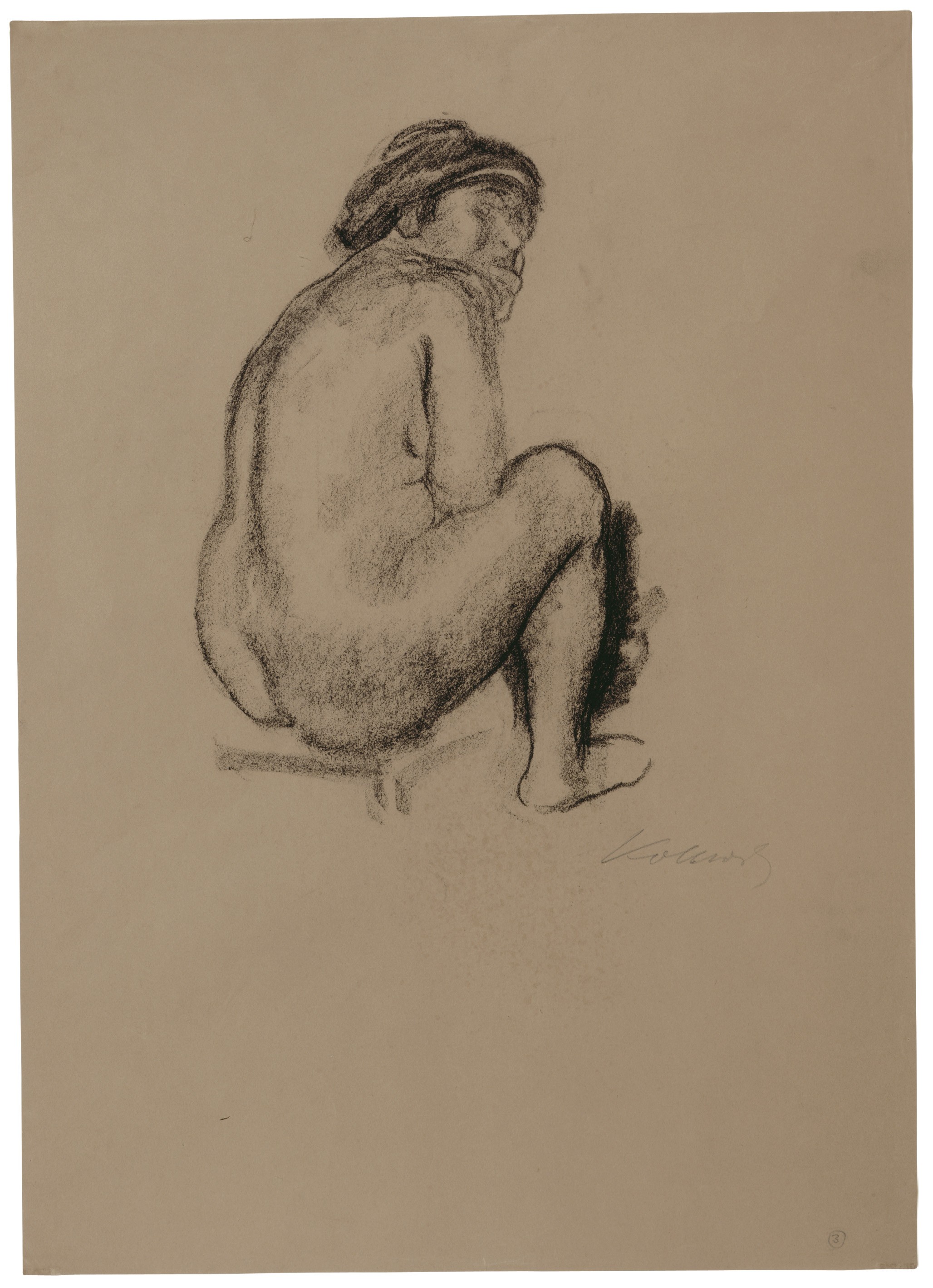 Käthe Kollwitz, Seated female Nude from behind, looking right, c 1910–12, charcoal on brown paper, 654 x 469 mm, NT 674, Kollwitz Museum Köln, Inv. Nr. 70200/84010.