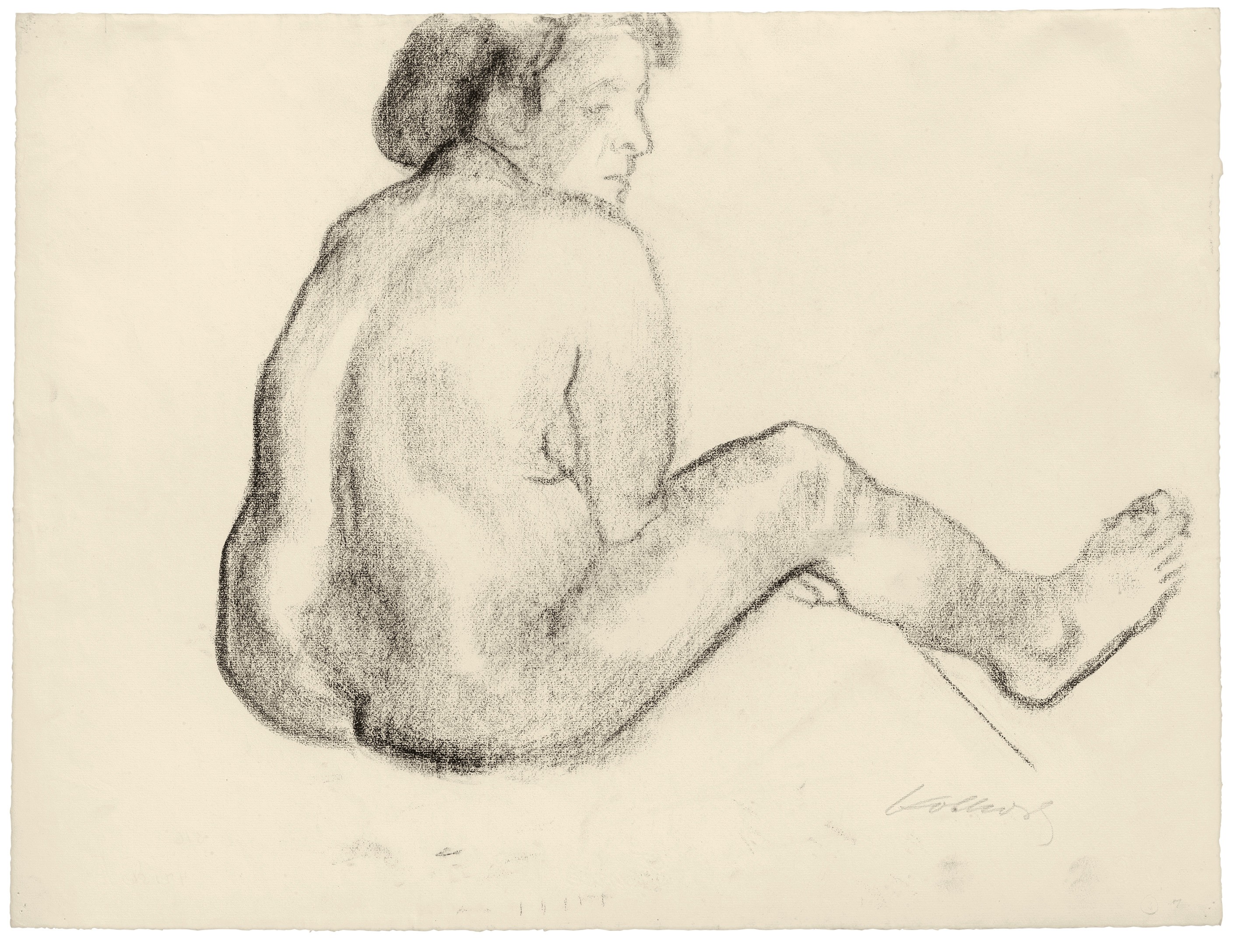 Käthe Kollwitz, Seated female Nude from behind, looking right, 1910–12, black chalk on yellowish Ingres paper, 482 x 630 mm, NT 673, Kollwitz Museum Köln, Inv. Nr. 70200/02015.