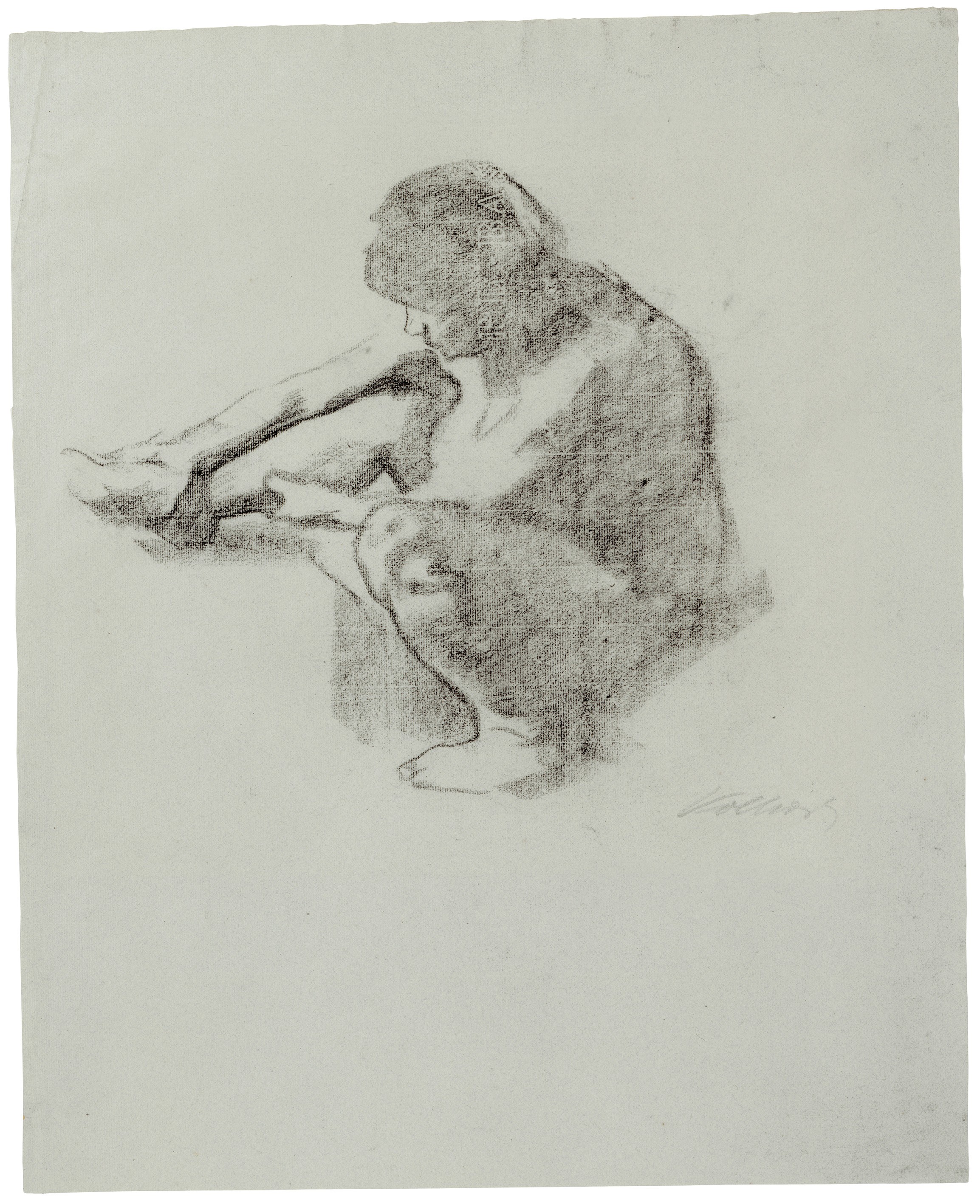 Käthe Kollwitz, Seated Woman, profile view, looking left, 1912, charcoal on blue-grey Ingres paper, 575 x 467 mm, NT 683, Kollwitz Museum Köln, Inv. Nr. 70200/83022.