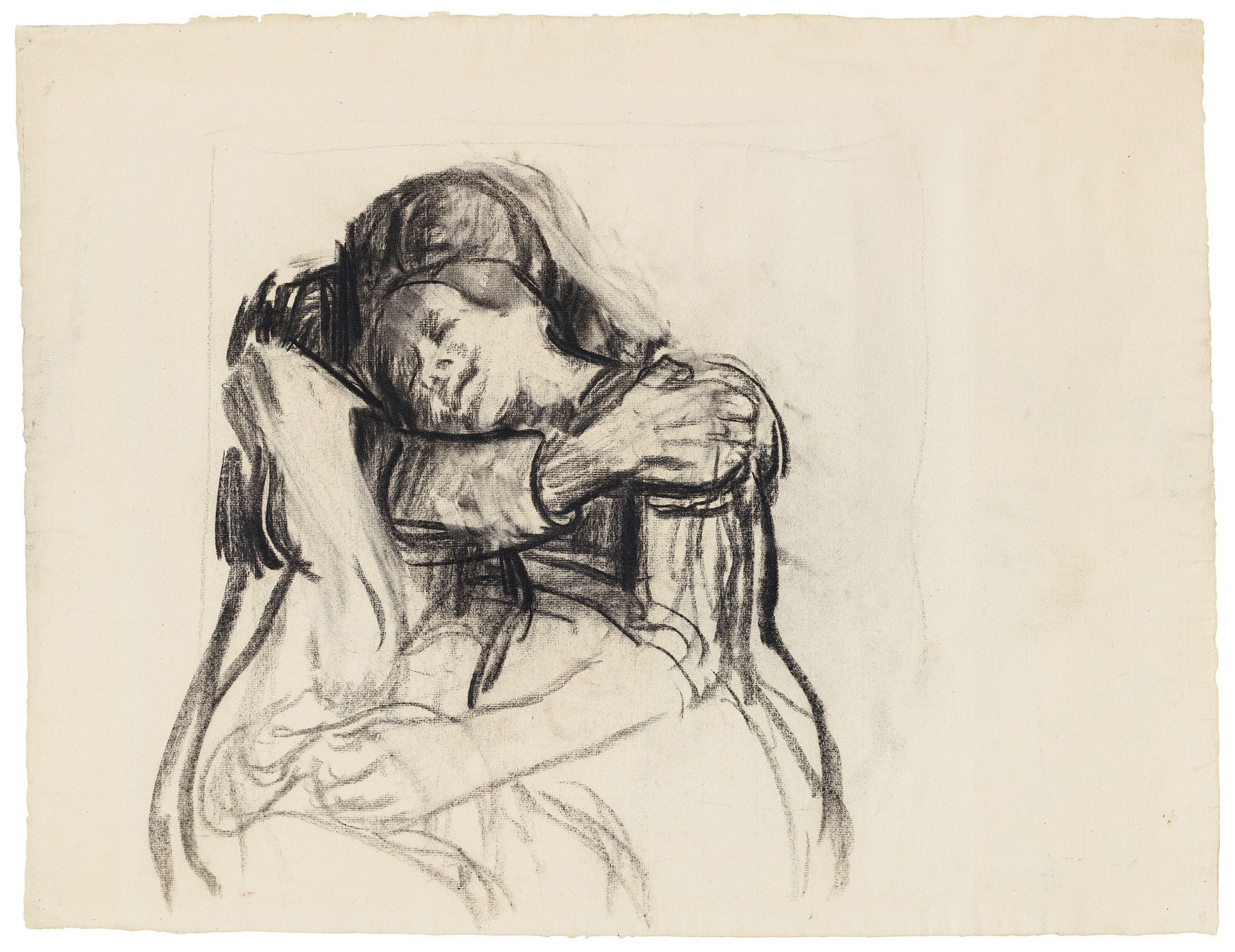Käthe Kollwitz, The Embrace, c 1909/10, charcoal drawing, partly stumped, on yellowish laid paper, 480 x 630 mm, NT (559a), Kollwitz Museum Köln, Inv. Nr. 70200/03003.