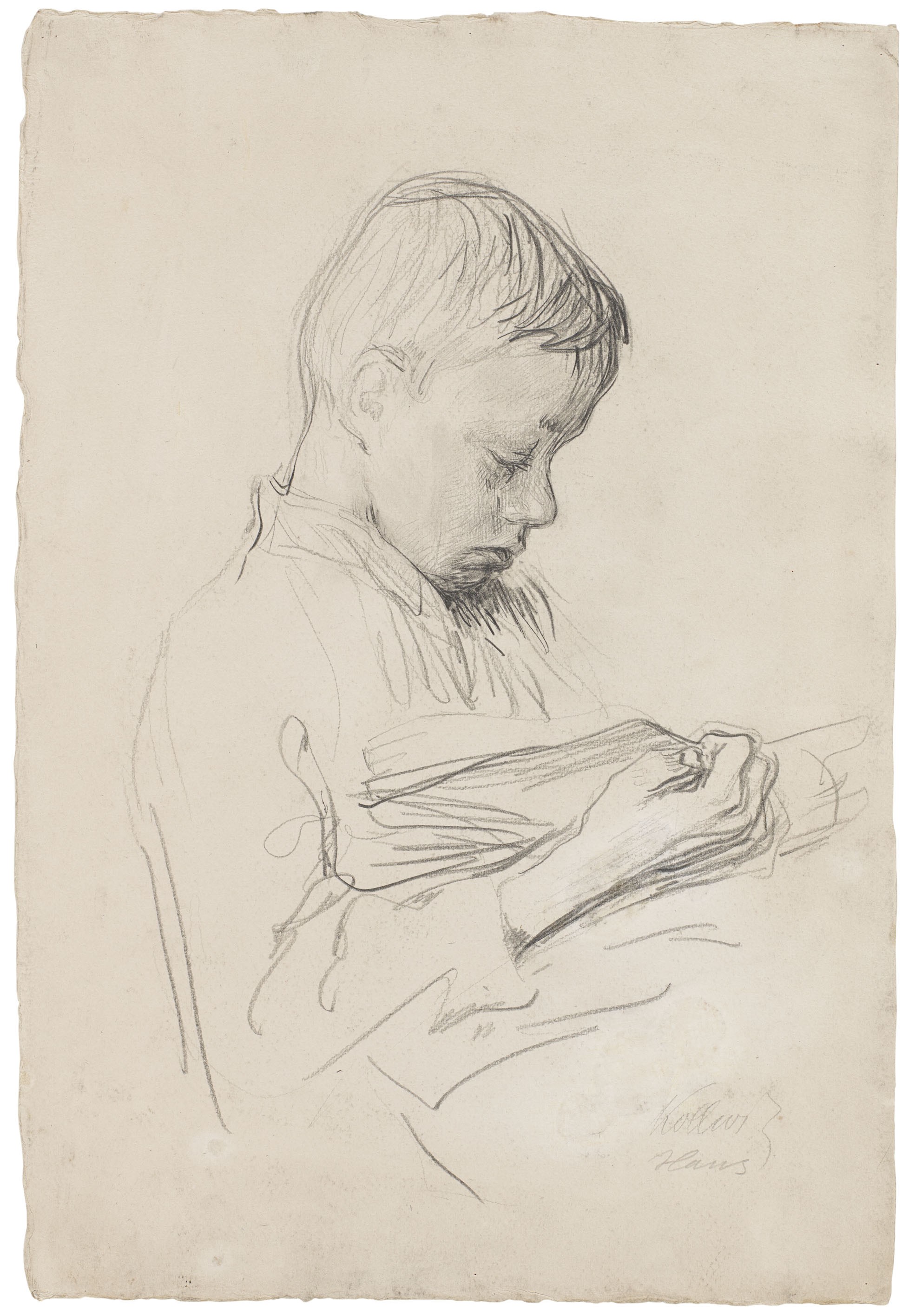 Käthe Kollwitz, Hans Kollwitz reading, profile view, looking right, c 1903/1904, pencil, 538 x 368 mm, NT 267, Kollwitz Museum Köln, Inv. Nr. 70200/89010.