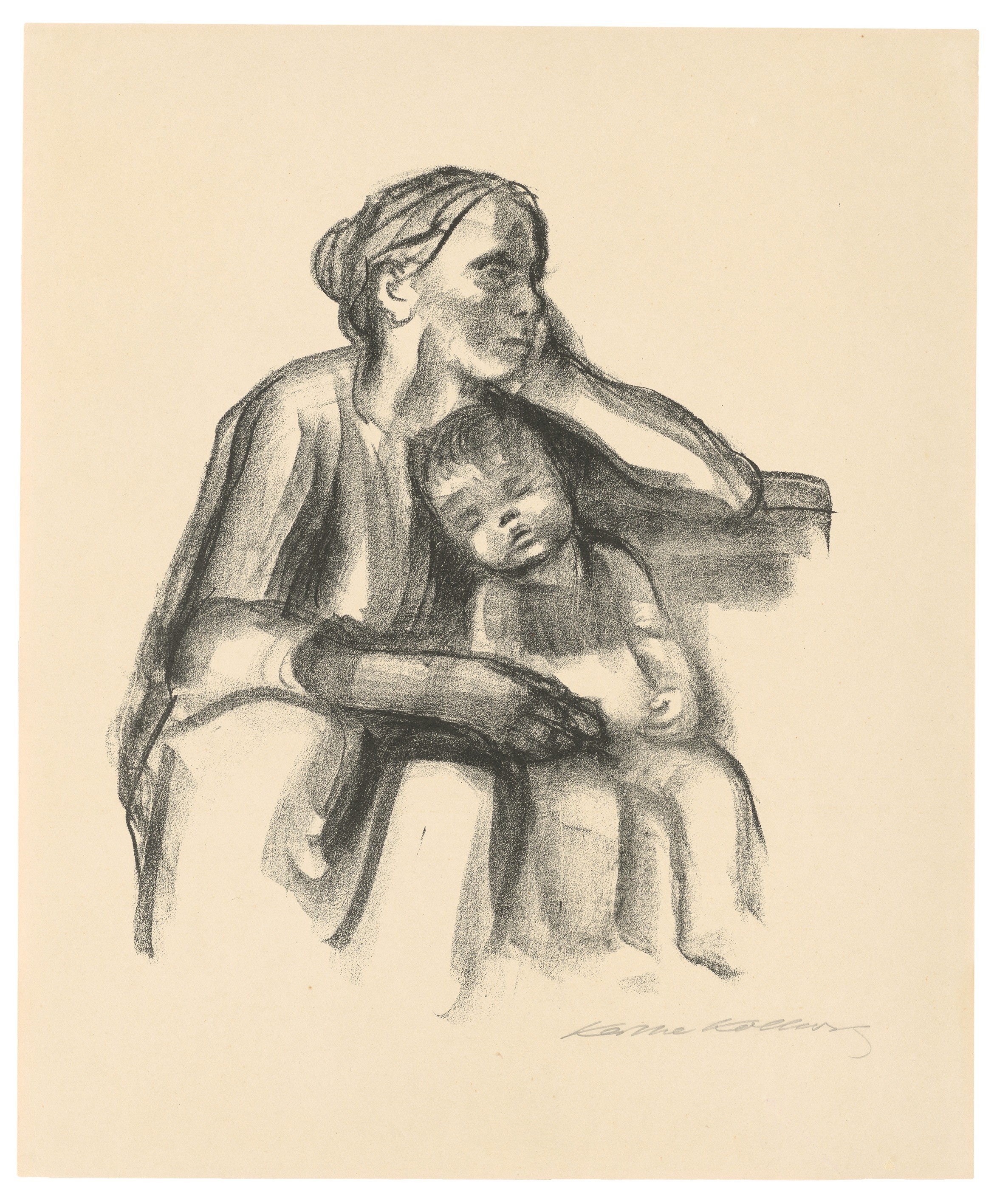 Käthe Kollwitz, Worker Woman with sleeping Child, 1927, crayon lithograph (transfer), Kn 234 I c, 390 x 330 mm, Kn 234 I c, Kollwitz Museum Köln, Inv. Nr. 70300/90014.