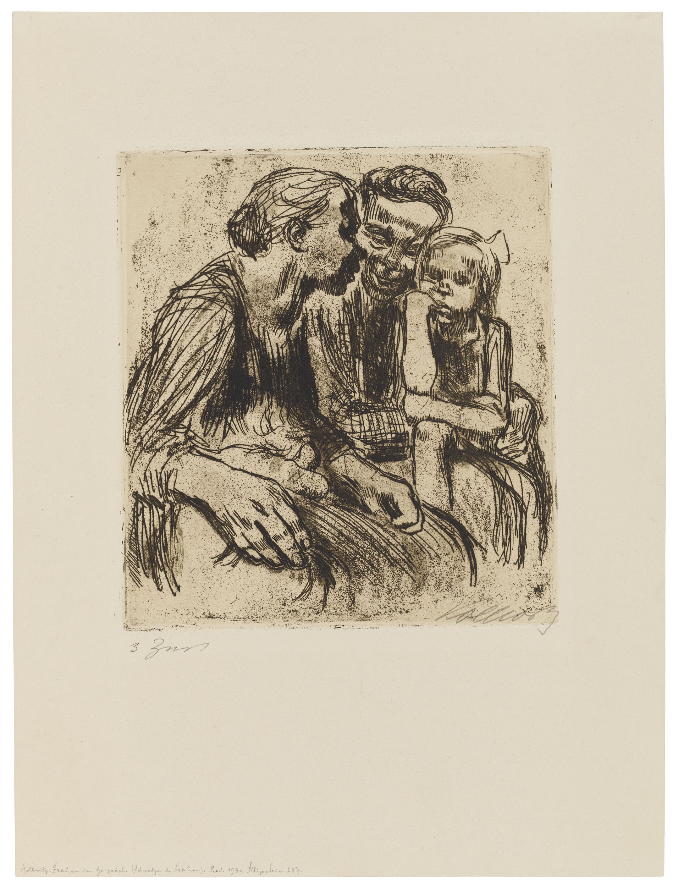 Käthe Kollwitz, Two chatting Women with two Children, rejected version, 1928, line etching, aquatint and sandpaper, 220 x 201 mm, Kn 243 III, Kollwitz Museum Köln, Inv. Nr. 70300/07002.