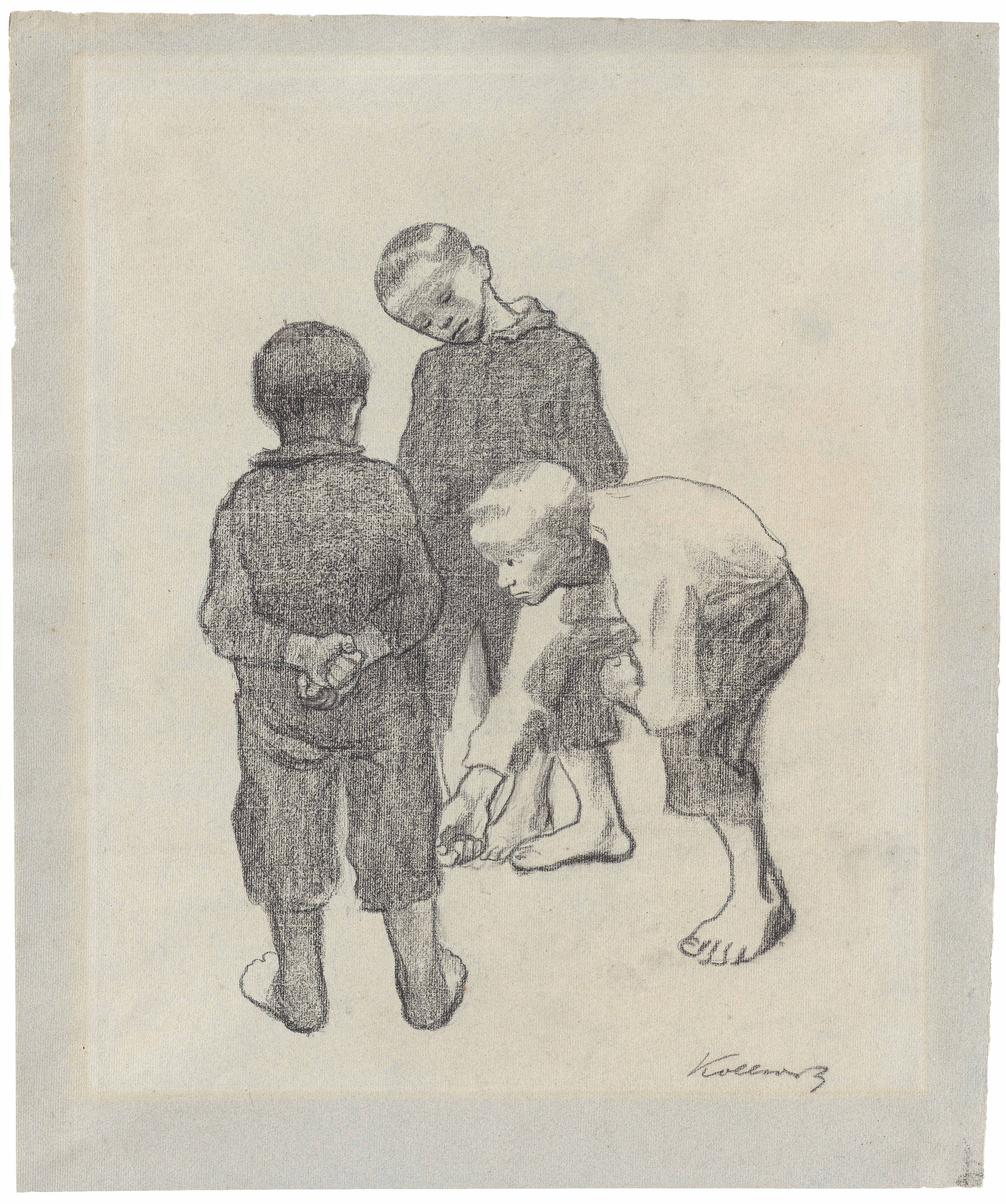 Käthe Kollwitz, Three Boys playing Marbles, 1909/1910, black chalk, NT 582, Cologne Kollwitz Collection © Käthe Kollwitz Museum Köln, Inv. Nr. 70200/07006.