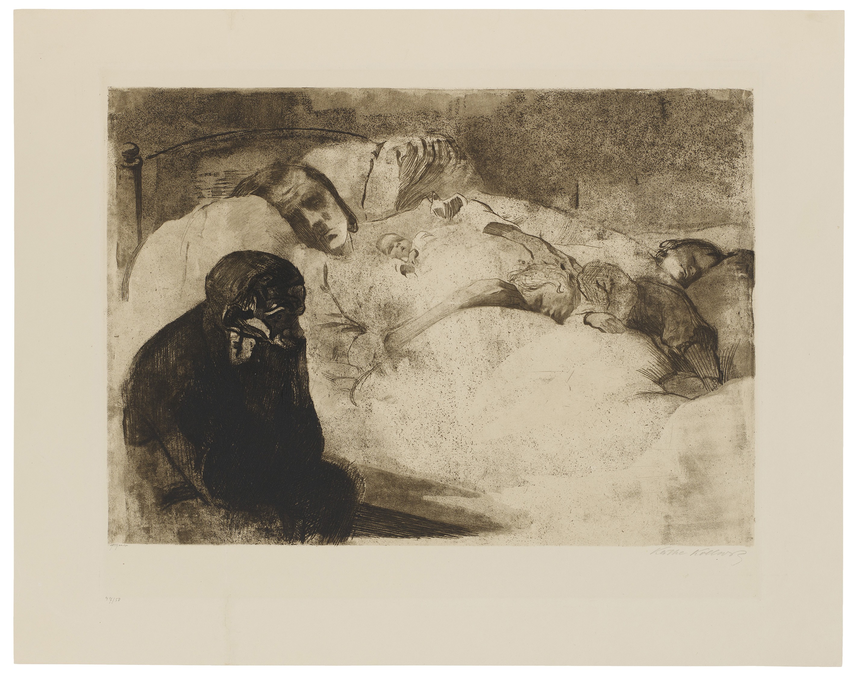 Käthe Kollwitz, Unemployment, 1909, line etching, drypoint, aquatint, sandpaper and soft ground with imprint of Ziegler's transfer paper, 449 x 544 mm, Kn 104 VI d, Kollwitz Museum Köln, Inv. Nr. 70300/92009.