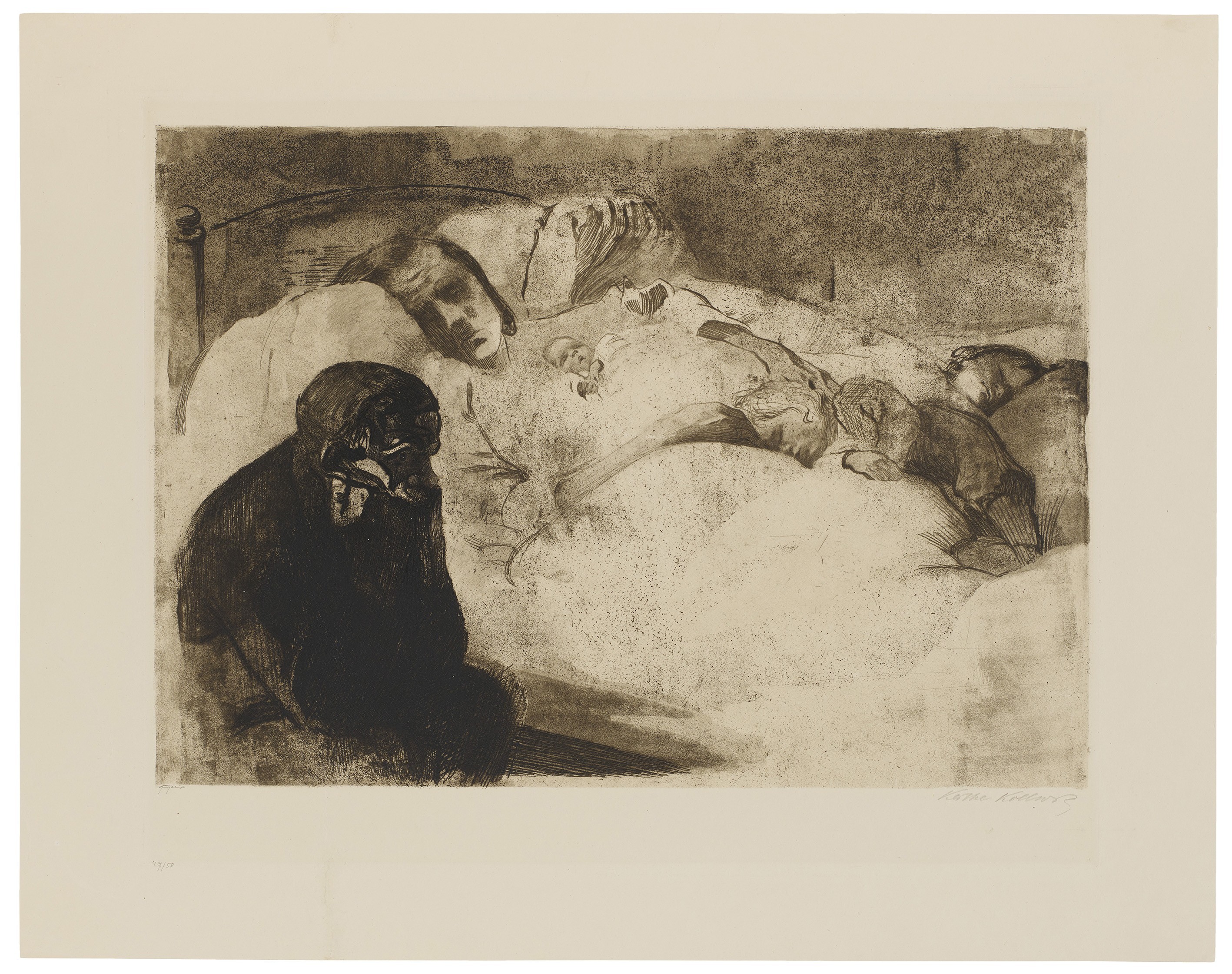 Käthe Kollwitz, Unemployment, 1909, line etching, drypoint, aquatint, sandpaper and soft ground with imprint of Ziegler's transfer paper, 449 x 544 mm, Kn 104 VI d, Kollwitz Museum Köln, Inv. Nr. 70300/92009.