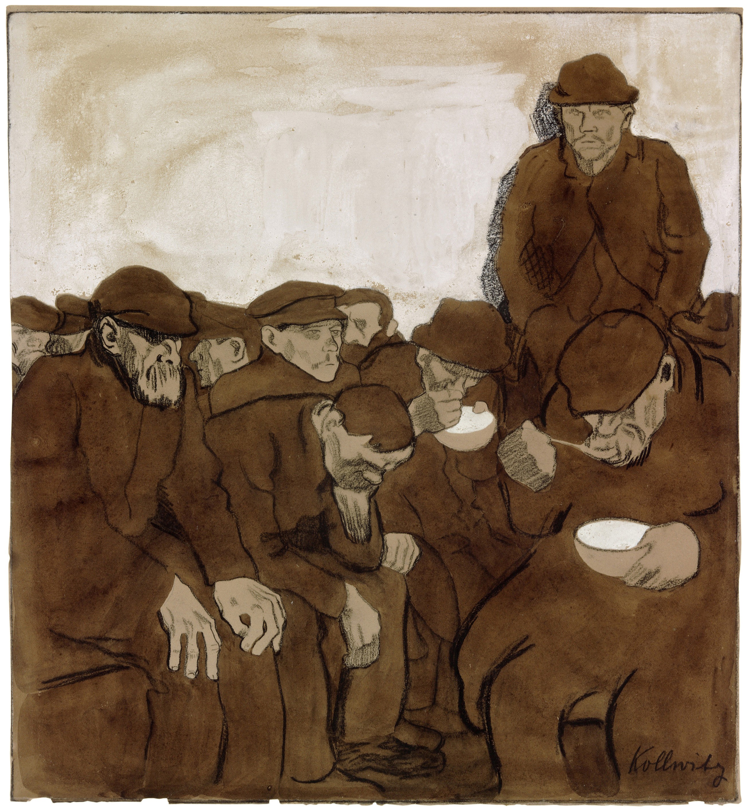 Käthe Kollwitz, Warm Shelter, 1908/09, black crayon, pen and brush with ink and sepia on olive-green paper, white highlights in the background, 422 x 389 mm, NT (469a), Kollwitz Museum Köln, Inv. Nr. 70200/92018.