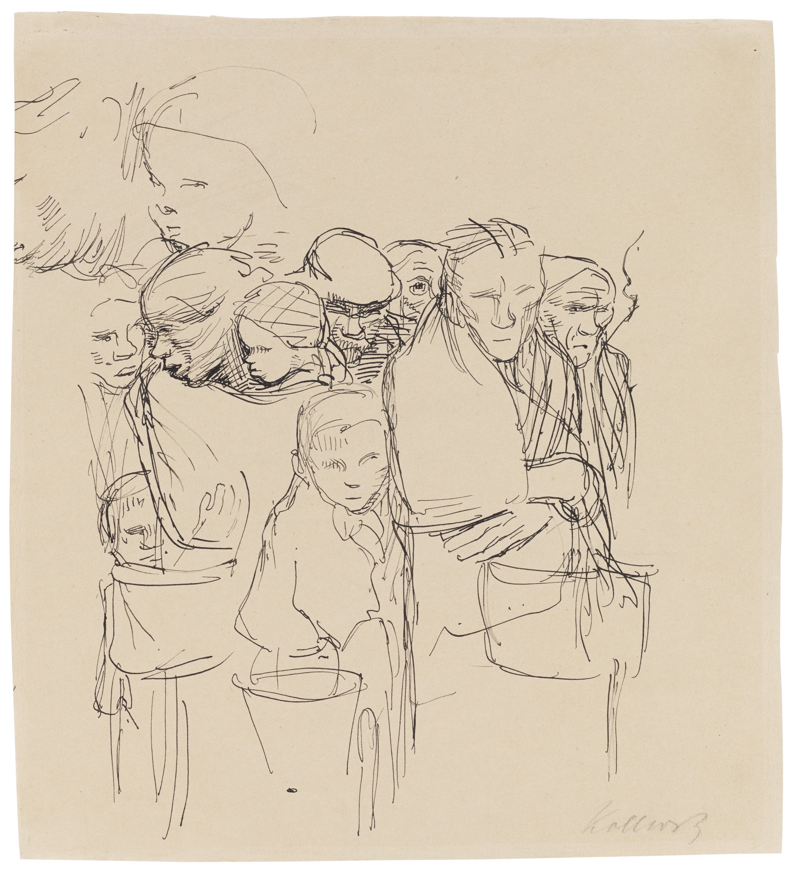 Käthe Kollwitz, Women and Children waiting to be given Food, 1918–19, pen and ink on firm vellum, 255 x 230 mm, NT (794a), Kollwitz Museum Köln, Inv. Nr. 70200/05019.