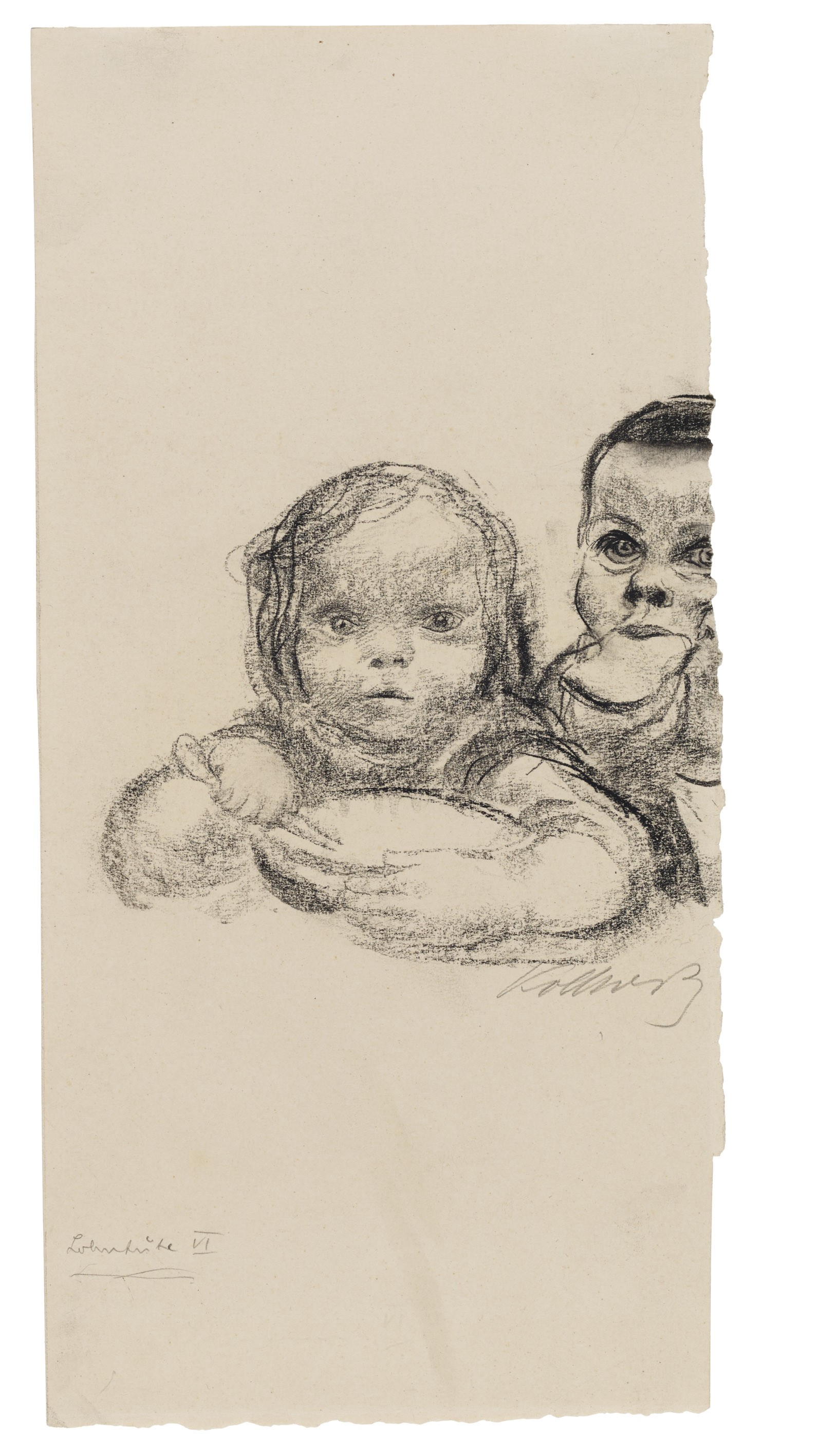 Käthe Kollwitz, Two Children eating, c 1927/28, chalk and charcoal drawing on strong vellum, 140 x 67 mm, NT (1149a), Kollwitz Museum Köln, Inv. Nr. 70200/07004.