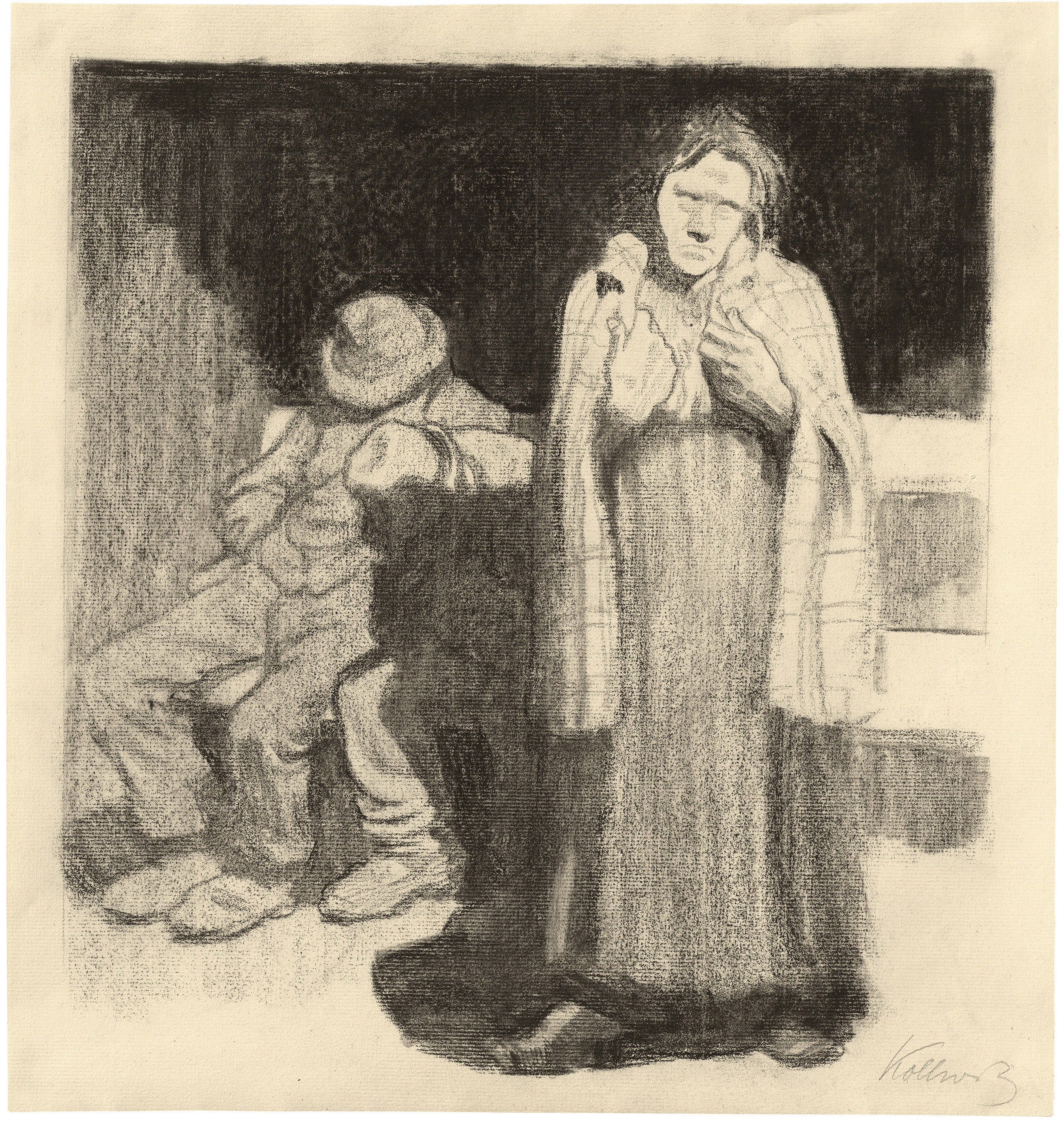 Käthe Kollwitz, The Street, 1908, charcoal and ink on laid paper, 350 x 315 mm, NT 464, Kollwitz Museum Köln, Inv. Nr. 70200/07001.