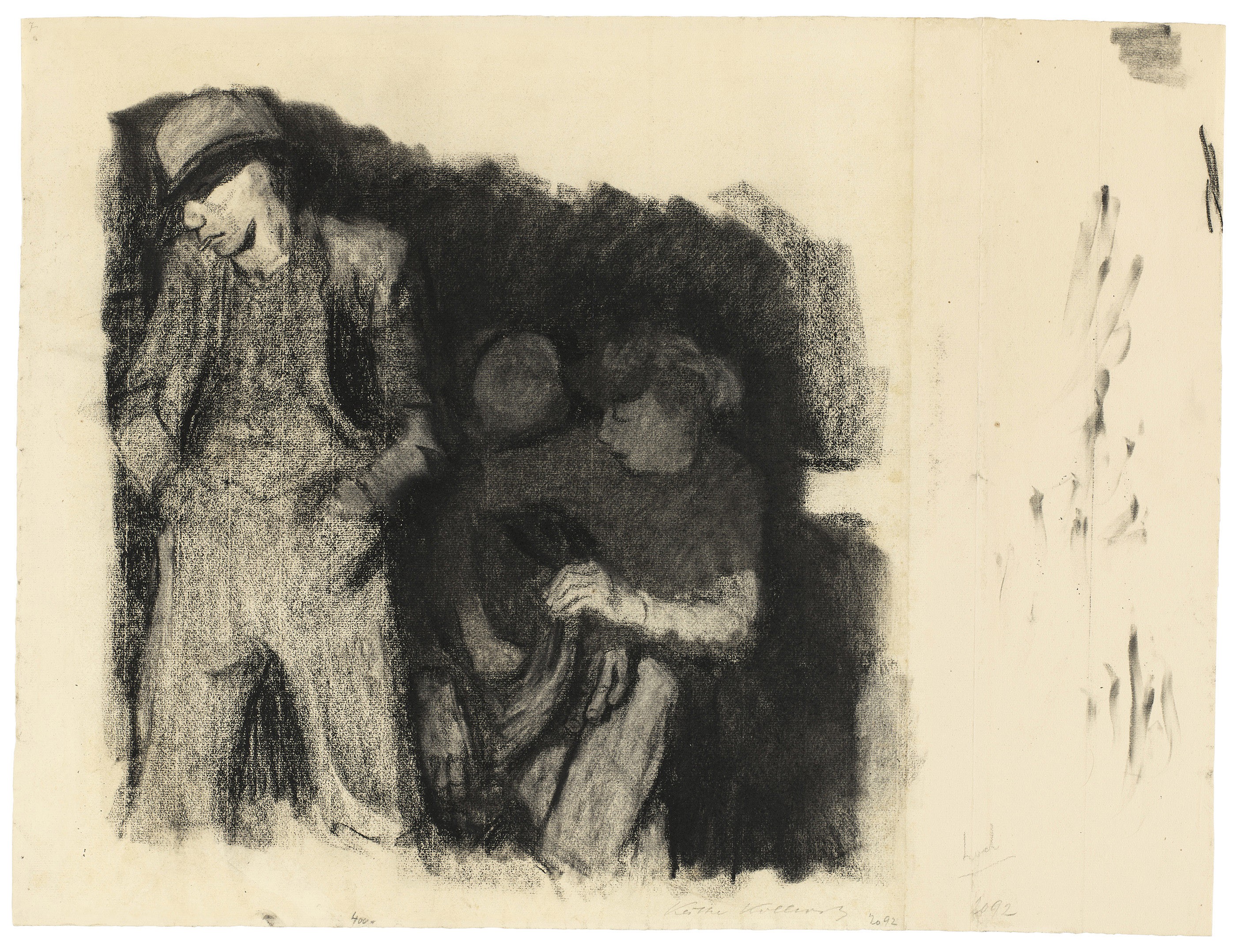 Käthe Kollwitz, Man, standing, and seated Couple, 1909, charcoal, stumped, on Ingres paper, 483 x 635 mm, NT 497, Kollwitz Museum Köln, Inv. Nr. 70200/90002.