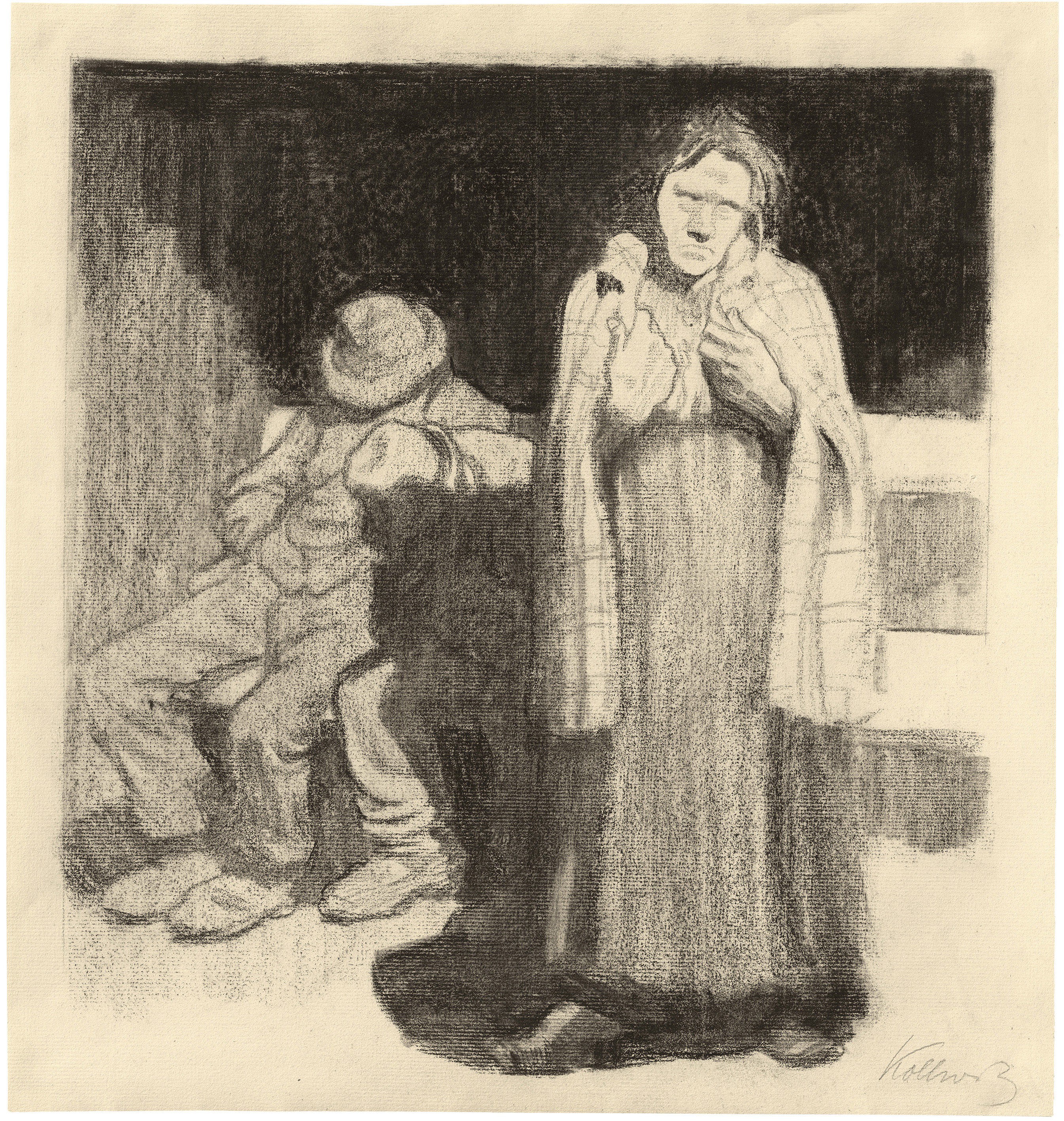 Käthe Kollwitz, The Street, 1908, charcoal and ink on laid paper, 350 x 315 mm, NT 464, Kollwitz Museum Köln, Inv. Nr. 70200/07001.