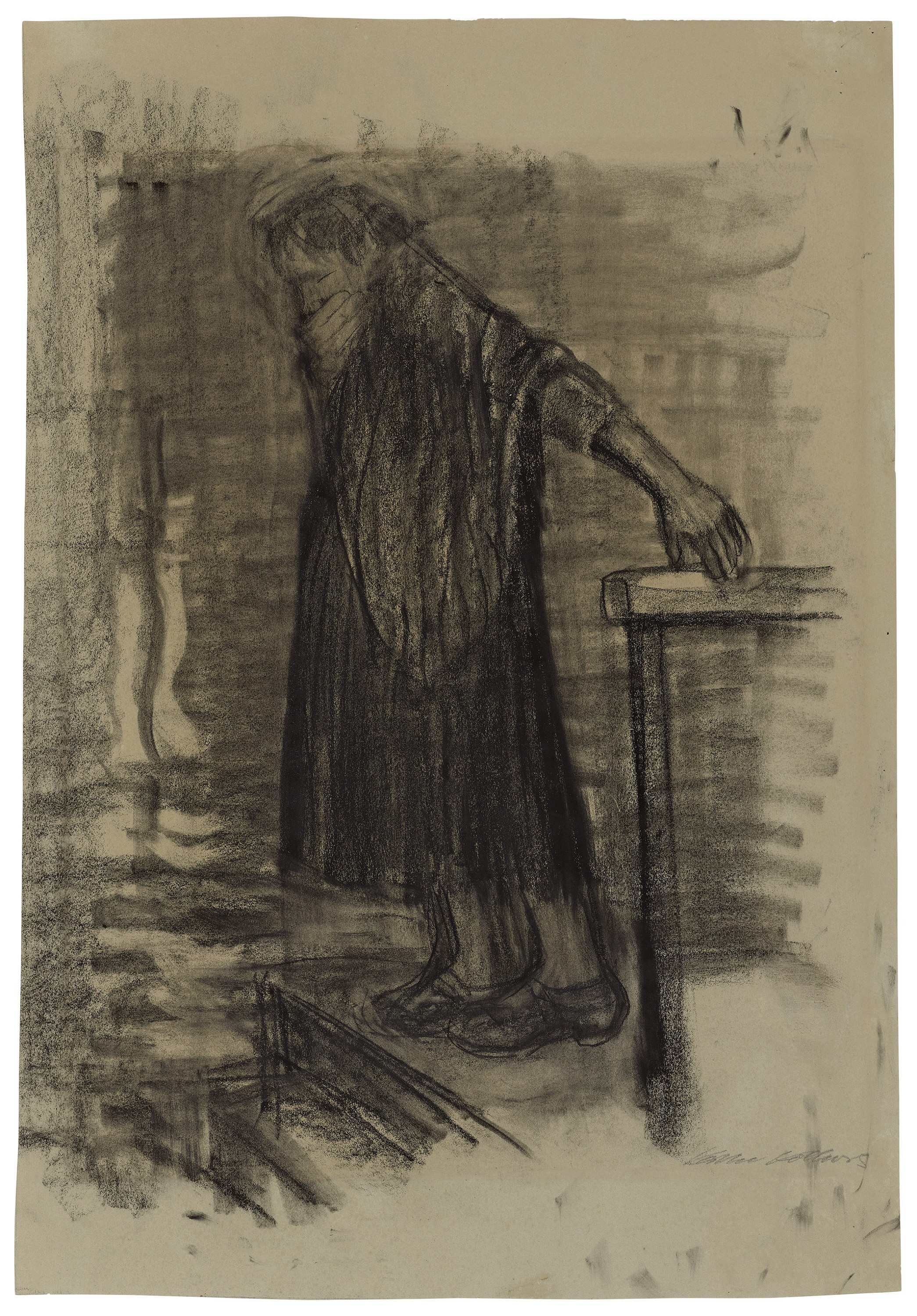Käthe Kollwitz, Pregnant Woman, drowning herself, c 1926, charcoal on greenish paper, 626 x 434 mm, NT (1114a), Kollwitz Museum Köln, Inv. Nr. 70200/15009.