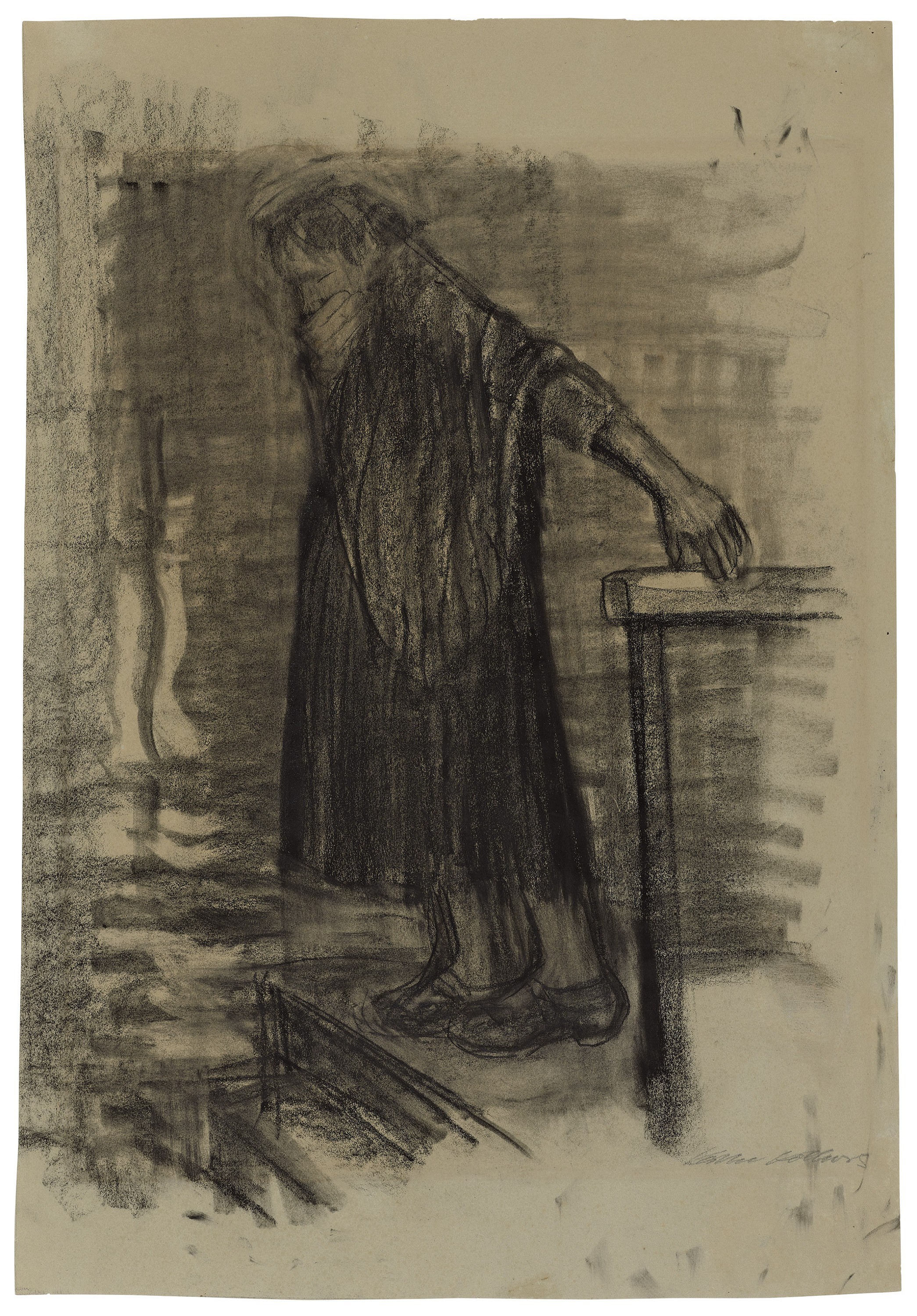 Käthe Kollwitz, Pregnant Woman, drowning herself, c 1926, charcoal on greenish paper, 626 x 434 mm, NT (1114a), Kollwitz Museum Köln, Inv. Nr. 70200/15009.