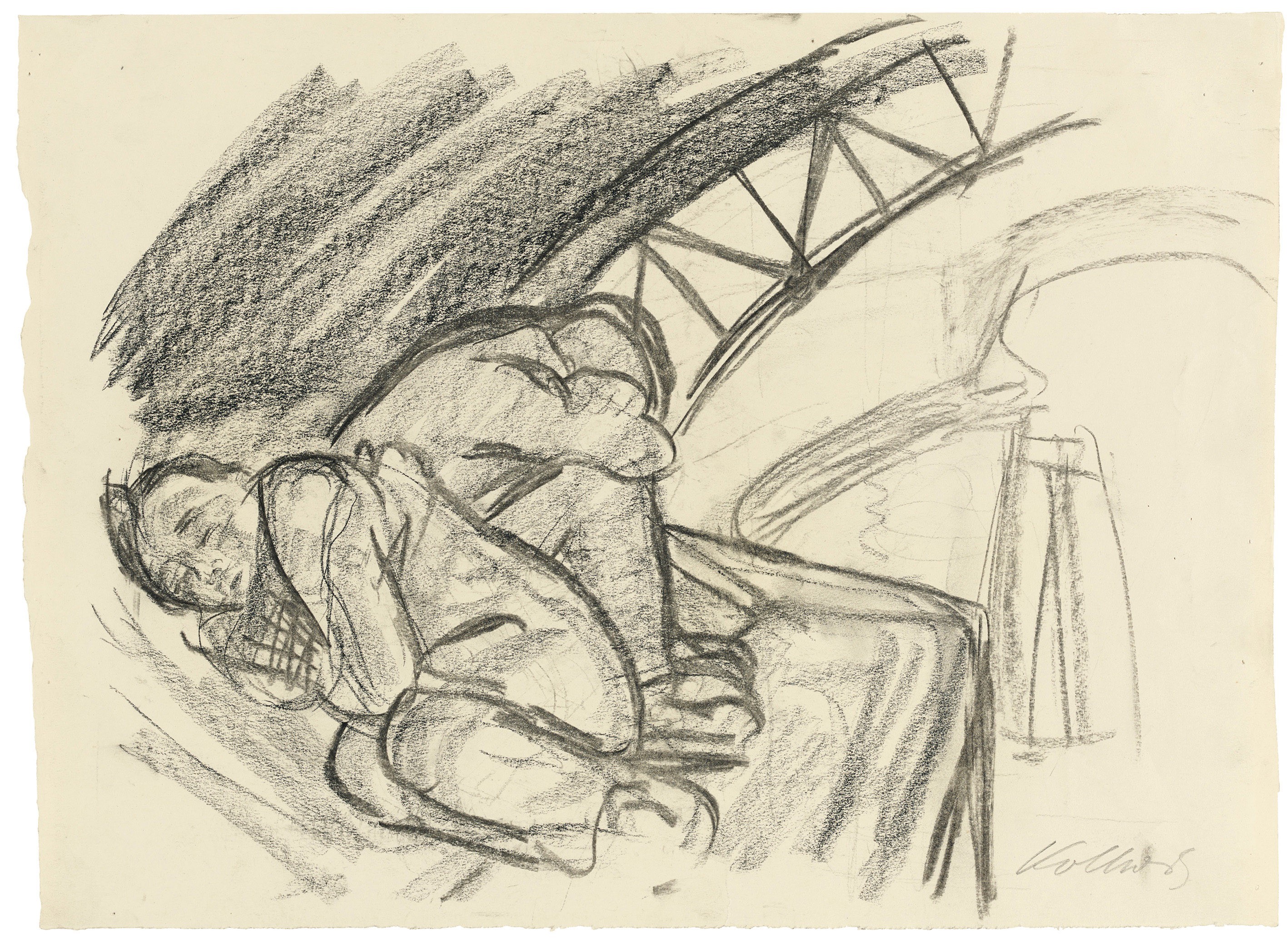 Käthe Kollwitz, Under the Arch of the Bridge, 1928, charcoal and black crayon, stumped, on drawing paper, 389 x 535 mm, NT 1161, Kollwitz Museum Köln, Inv. Nr. 70200/83053.
