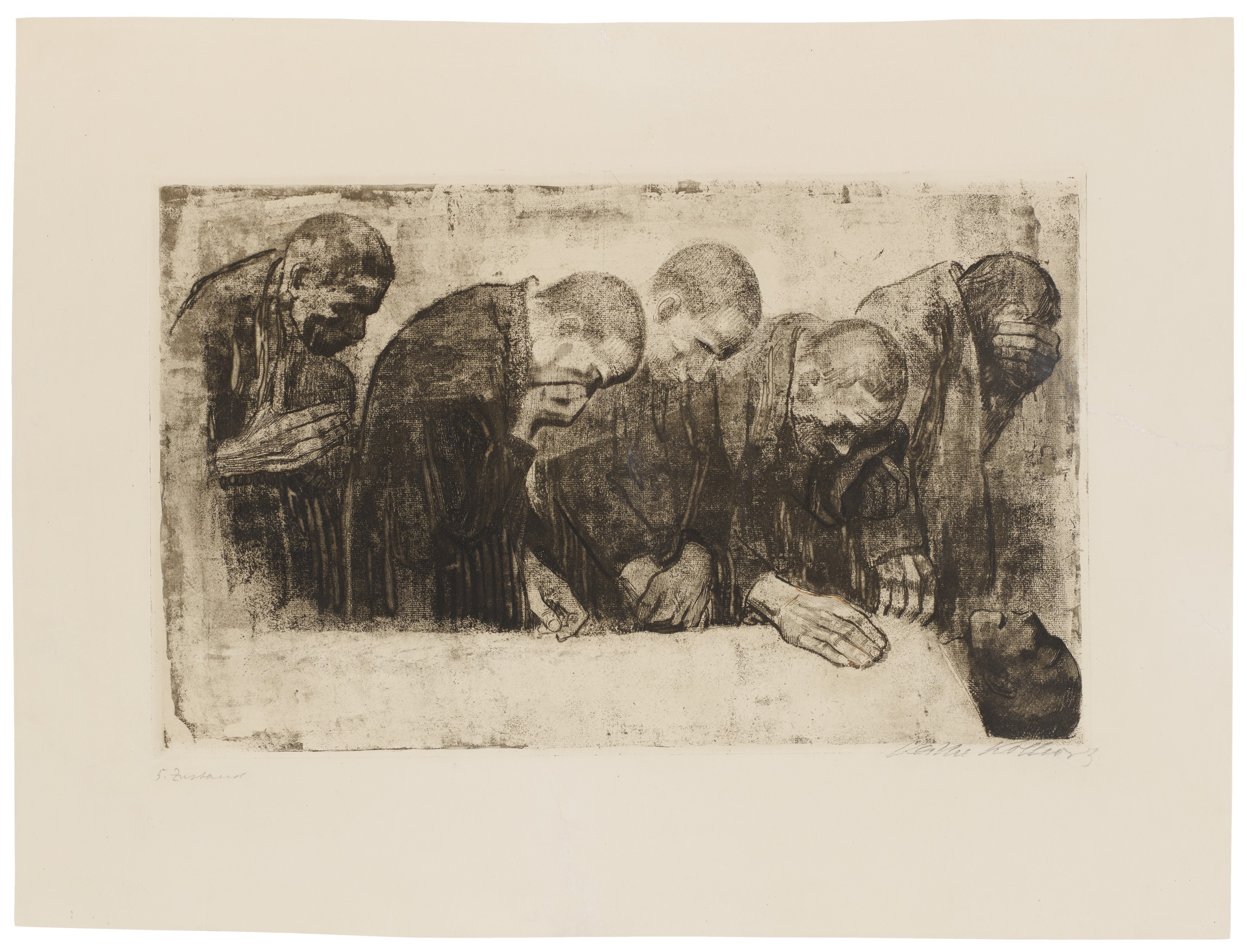 Käthe Kollwitz, In Memoriam Karl Liebknecht, rejected first version, 1919, line etching, aquatint, sandpaper, reservage and soft ground with imprint of laid paper, 335 x 535 mm, Kn 145 V, Kollwitz Museum Köln, Inv. Nr. 70300/96003.