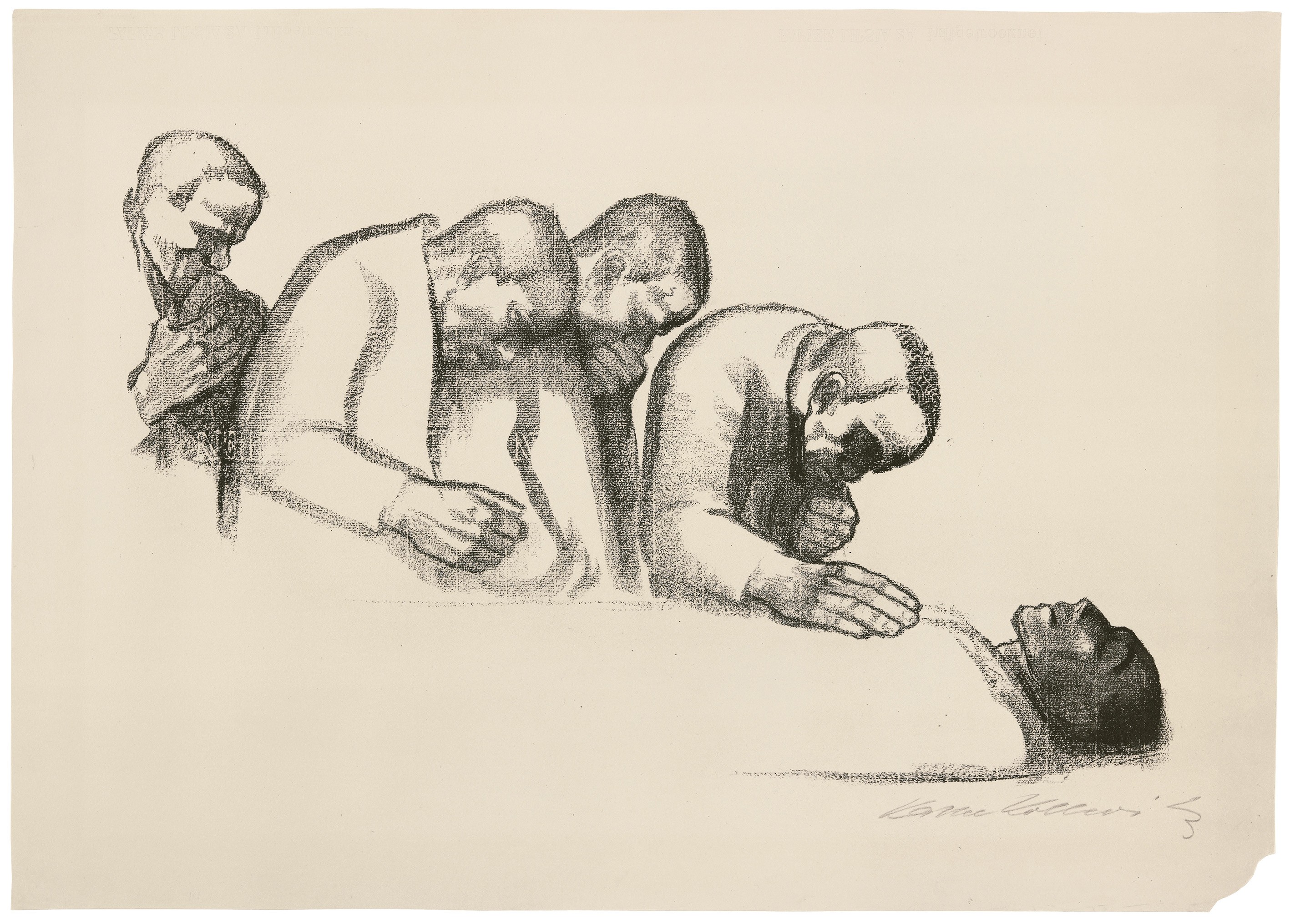 Käthe Kollwitz, In Memoriam Karl Liebknecht, rejected second version, 1919, crayon lithograph (transfer of drawing NT 779 on ribbed laid paper), 420 x 660 mm, Kn 146, Kollwitz Museum Köln, Inv. Nr. 70300/86032.