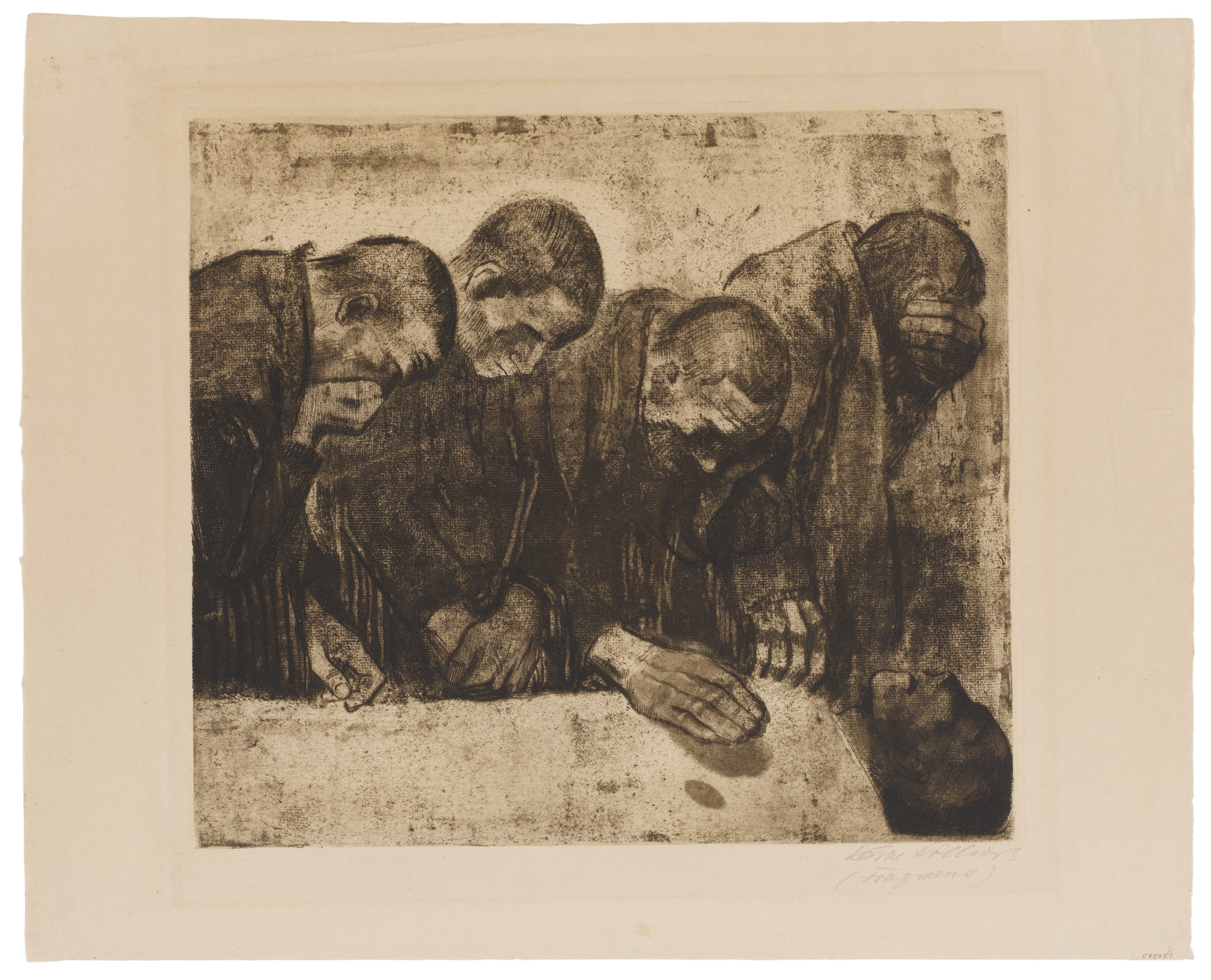 Käthe Kollwitz, The Four Mourners, the four figures to the right of the original composition, 1919, line etching, aquatint, emery, lift-ground and vernis mou with imprint of laid paper, 339 x 378 mm, Kn 145ter, Kollwitz Museum Köln, Inv. Nr. 70300/86031.