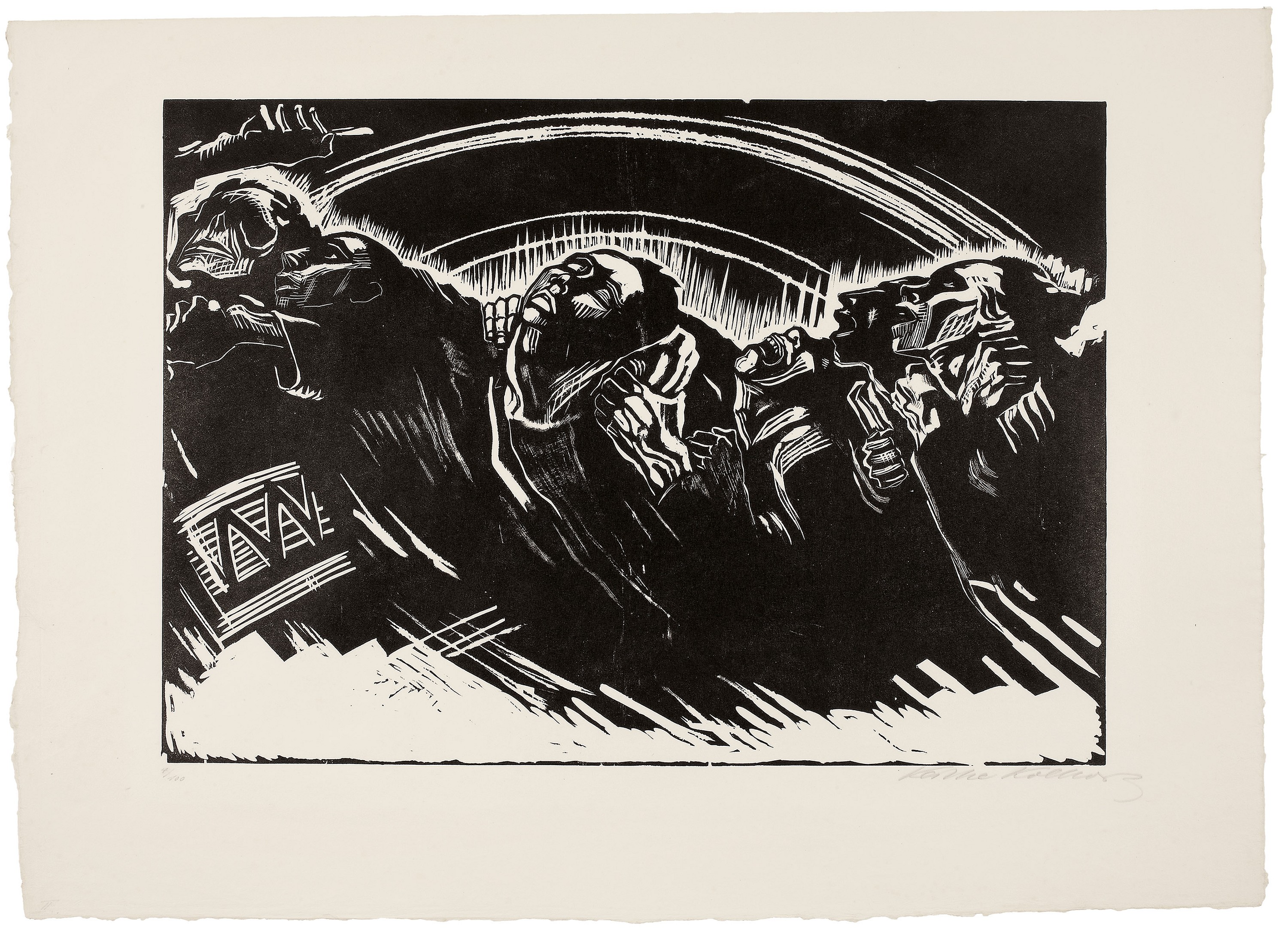 Käthe Kollwitz, The Volunteers, sheet 2 of the series »War«, 1921/22, woodcut, 350 x 496 mm, Kn 173 IV b, Kollwitz Museum Köln, Inv. Nr. 70300/92012.