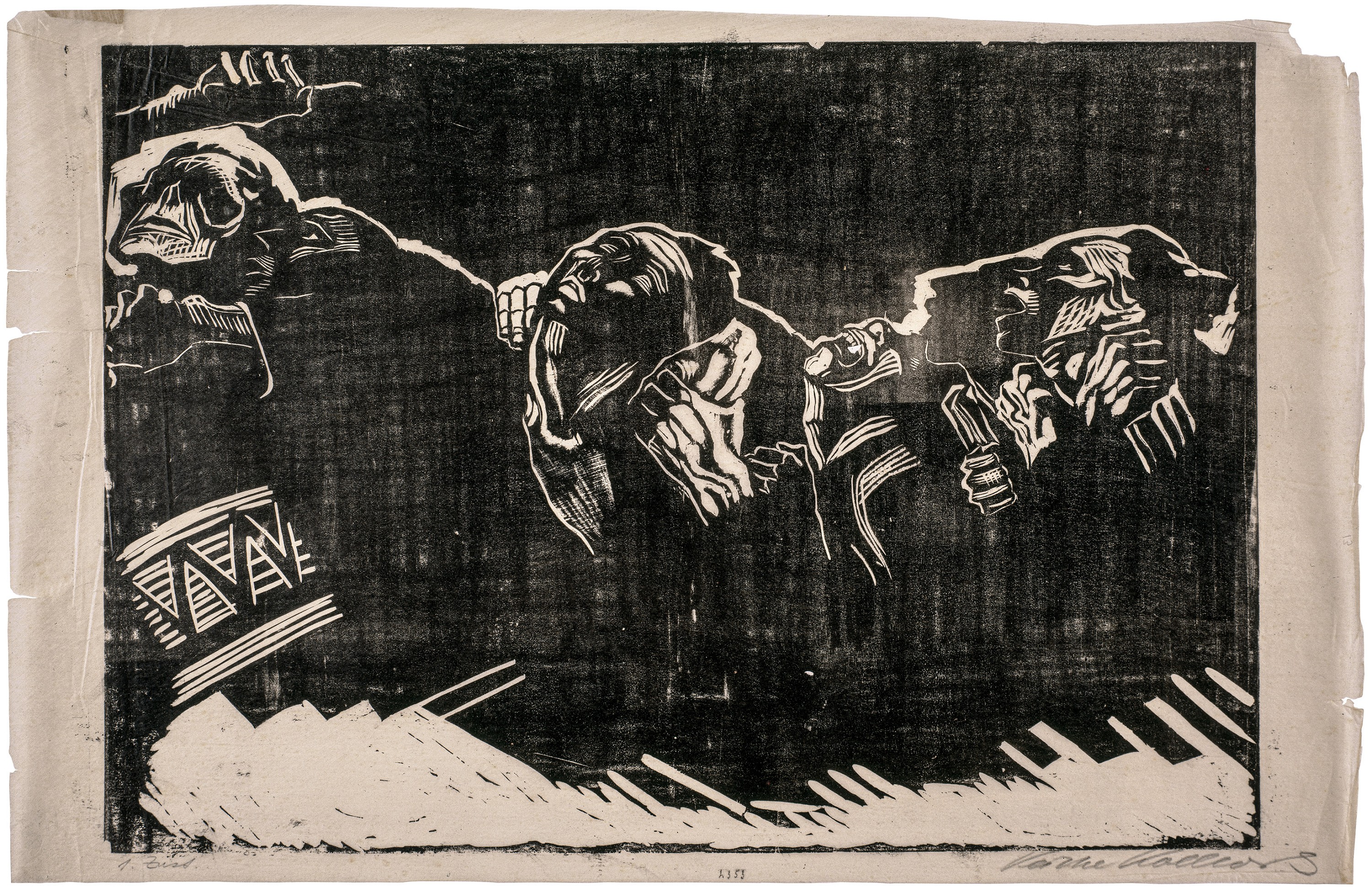 Käthe Kollwitz, The Volunteers, sheet 2 of the series »War«, 1921/22, woodcut, 350 x 496 mm, Kn 173 I, Kollwitz Museum Köln, Inv. Nr. 70300/92001.