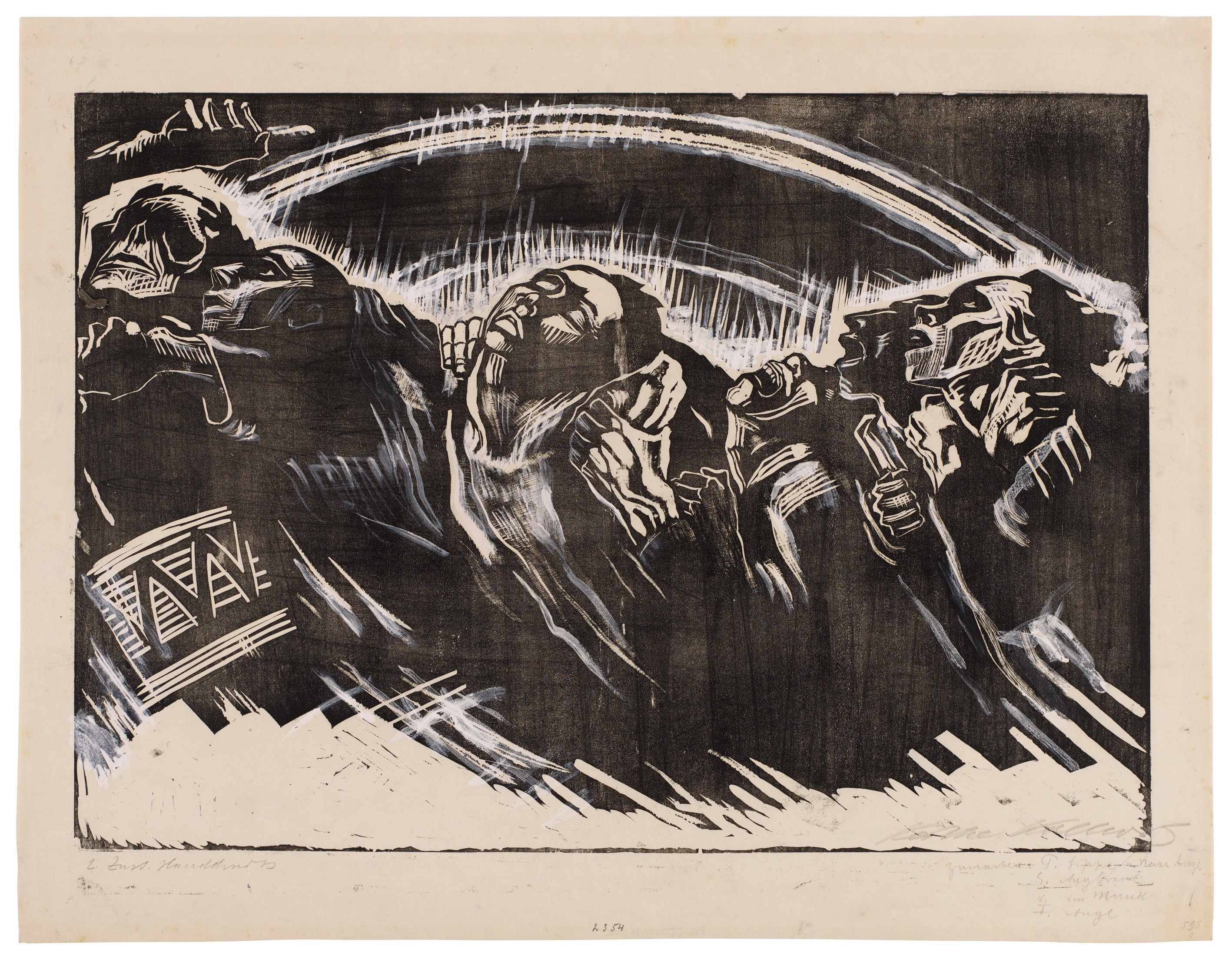Käthe Kollwitz, The Volunteers, sheet 2 of the series »War«, 1921/22, woodcut, 350 x 496 mm, Kn 173 II, Kollwitz Museum Köln, Inv. Nr. 70300/92002.