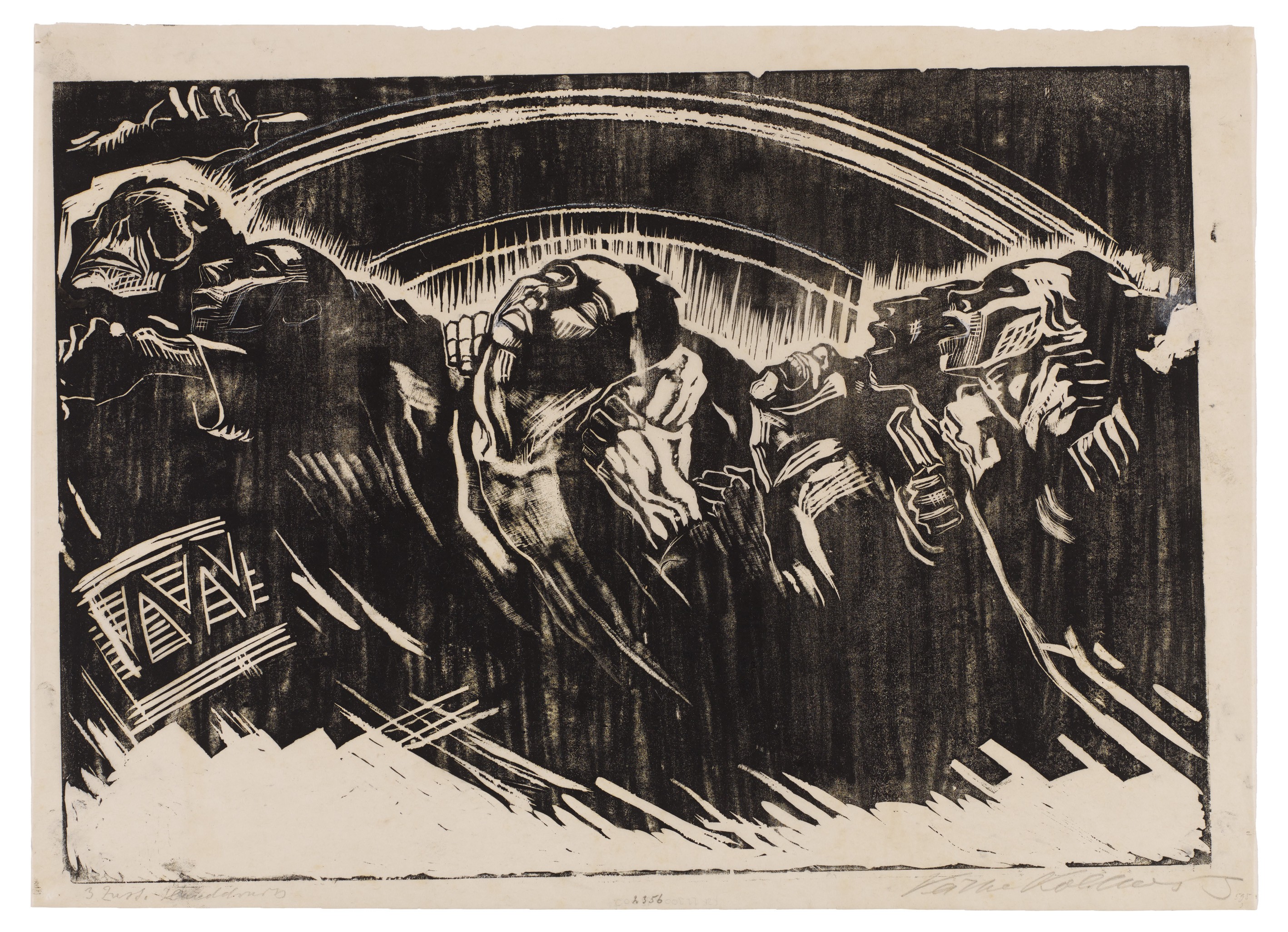 Käthe Kollwitz, The Volunteers, sheet 2 of the series »War«, 1921/22, woodcut, 350 x 496 mm, Kn 173 III, Kollwitz Museum Köln, Inv. Nr. 70300/92003.