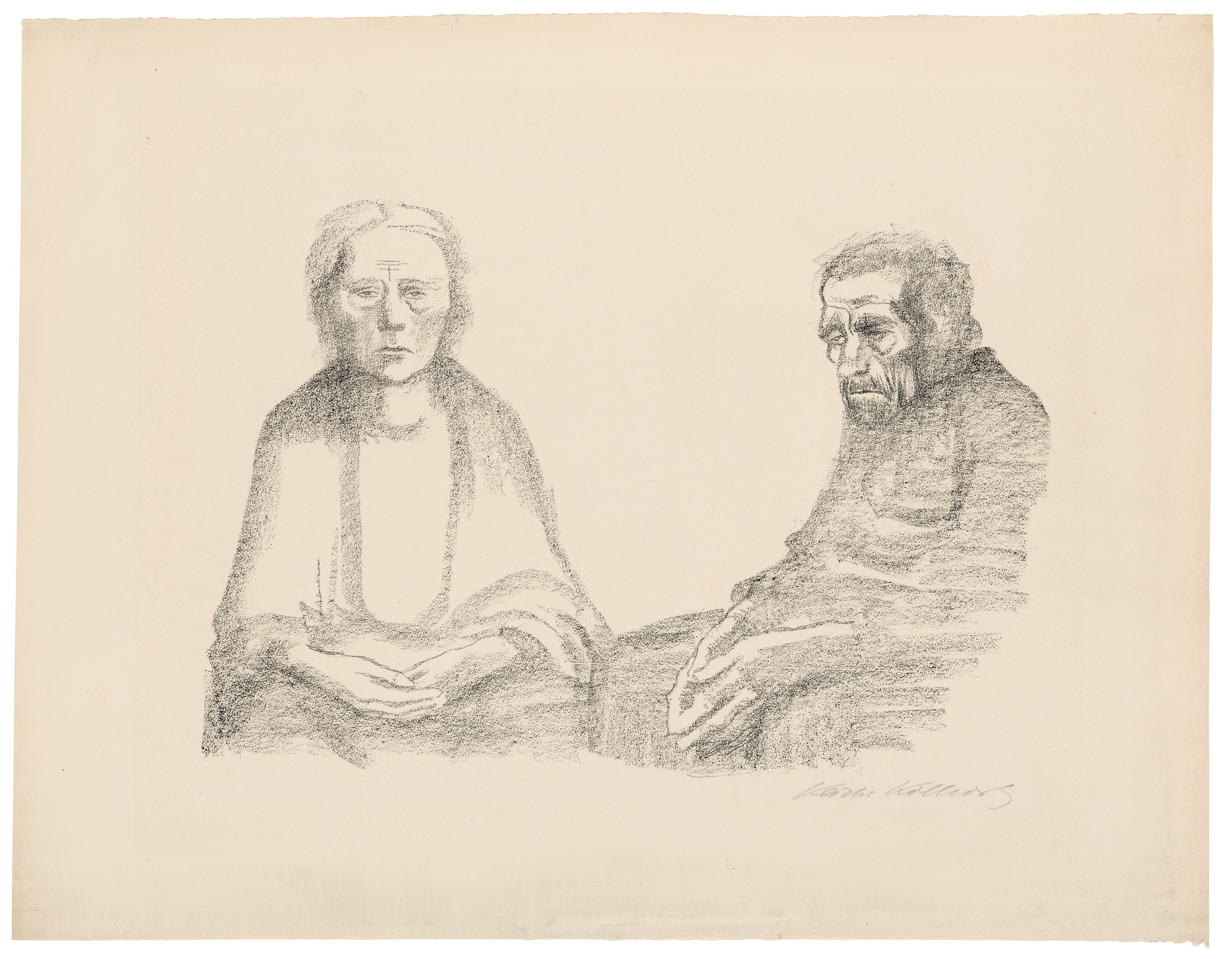 Käthe Kollwitz, The Parents, rejected second version of sheet 3 in the series »War«, 1919, crayon lithograph (transfer), 320 x 475 mm, Kn 142 a, Kollwitz Museum Köln, Inv. Nr. 70300/05010.