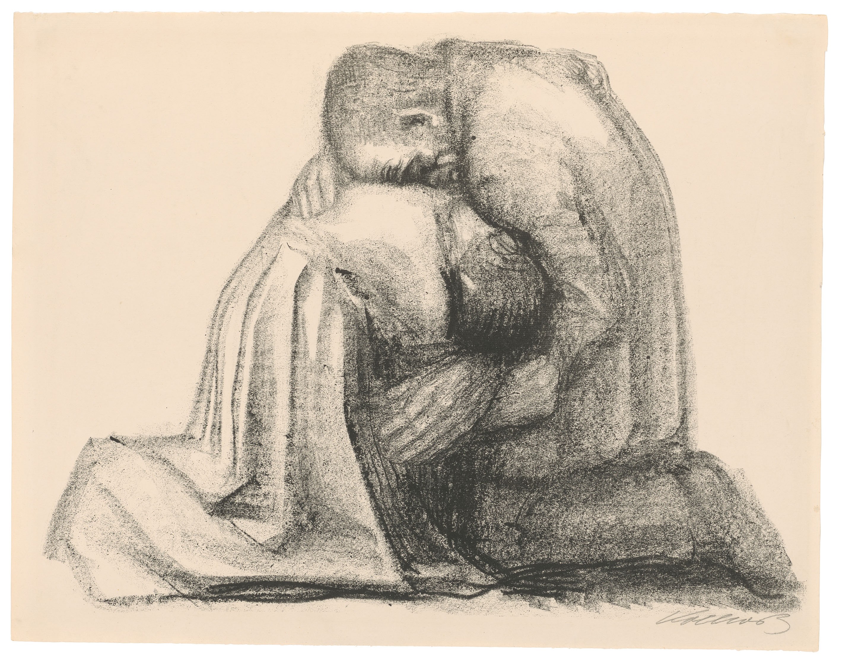 Käthe Kollwitz, The Parents, rejected third version of sheet 3 in the series »War«, 1920, crayon lithograph (transfer), 390 x 517 mm, Kn 149, Kollwitz Museum Köln, Inv. Nr.  70300/03013.