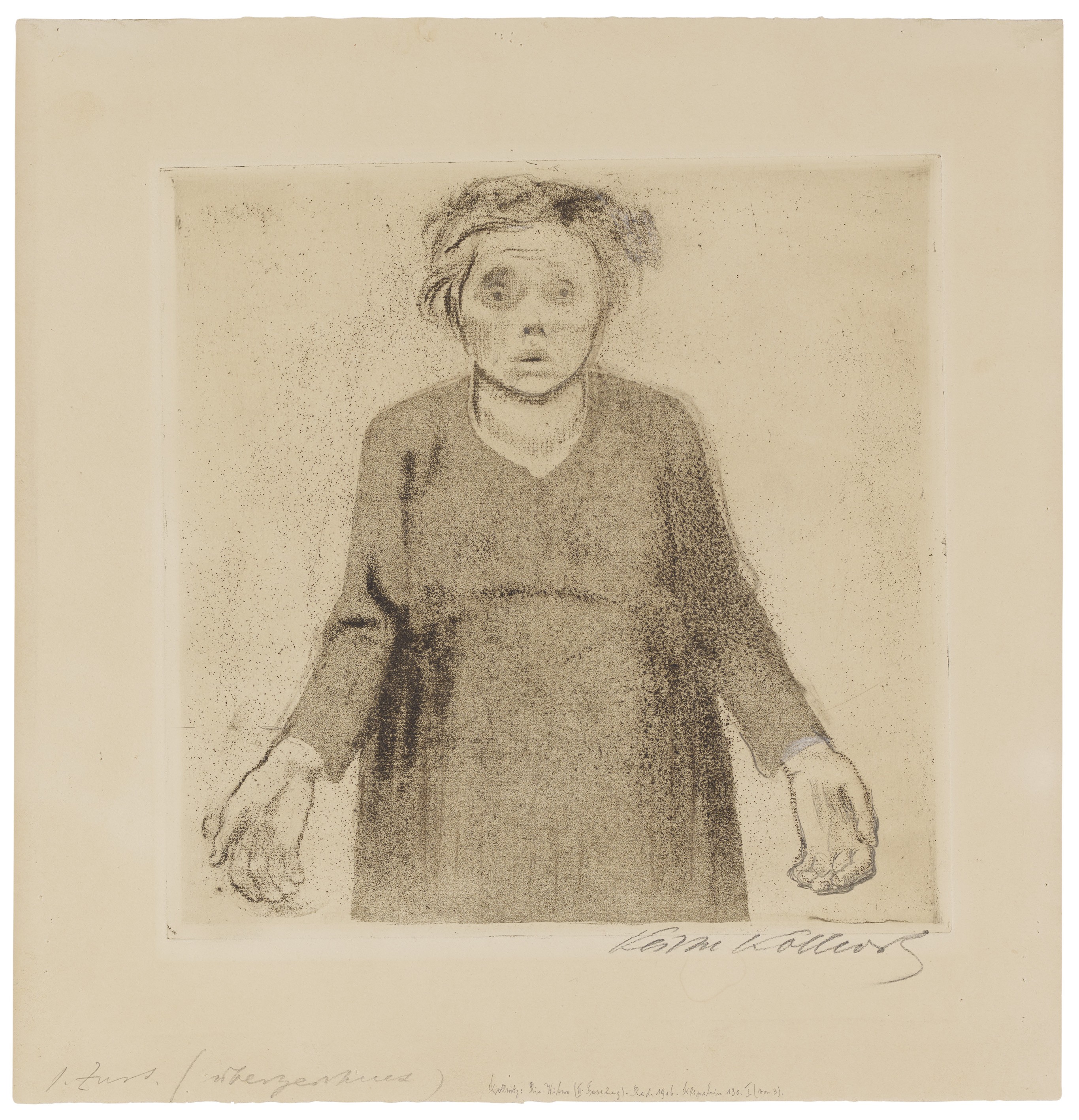Käthe Kollwitz, The Widow, rejected first version of sheet 4 in the series »War«, 1918, line etching, sandpaper and soft ground with imprint of ribbed laid paper, 256 x 260 mm, Kn 138 I, Kollwitz Museum Köln, Inv. Nr. 70300/03010.
