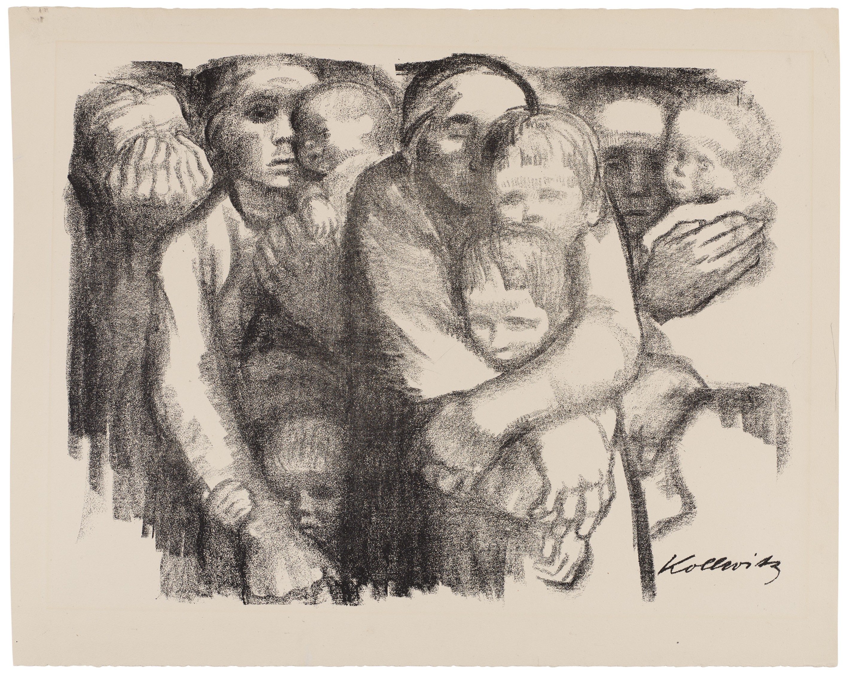 Käthe Kollwitz, Mothers, rejected second version of sheet 6 in the series »War«, 1919, crayon lithograph (transfer), 445 x 585 mm, Kn 140 II, Kollwitz Museum Köln, Inv. Nr. 70300/97003.
