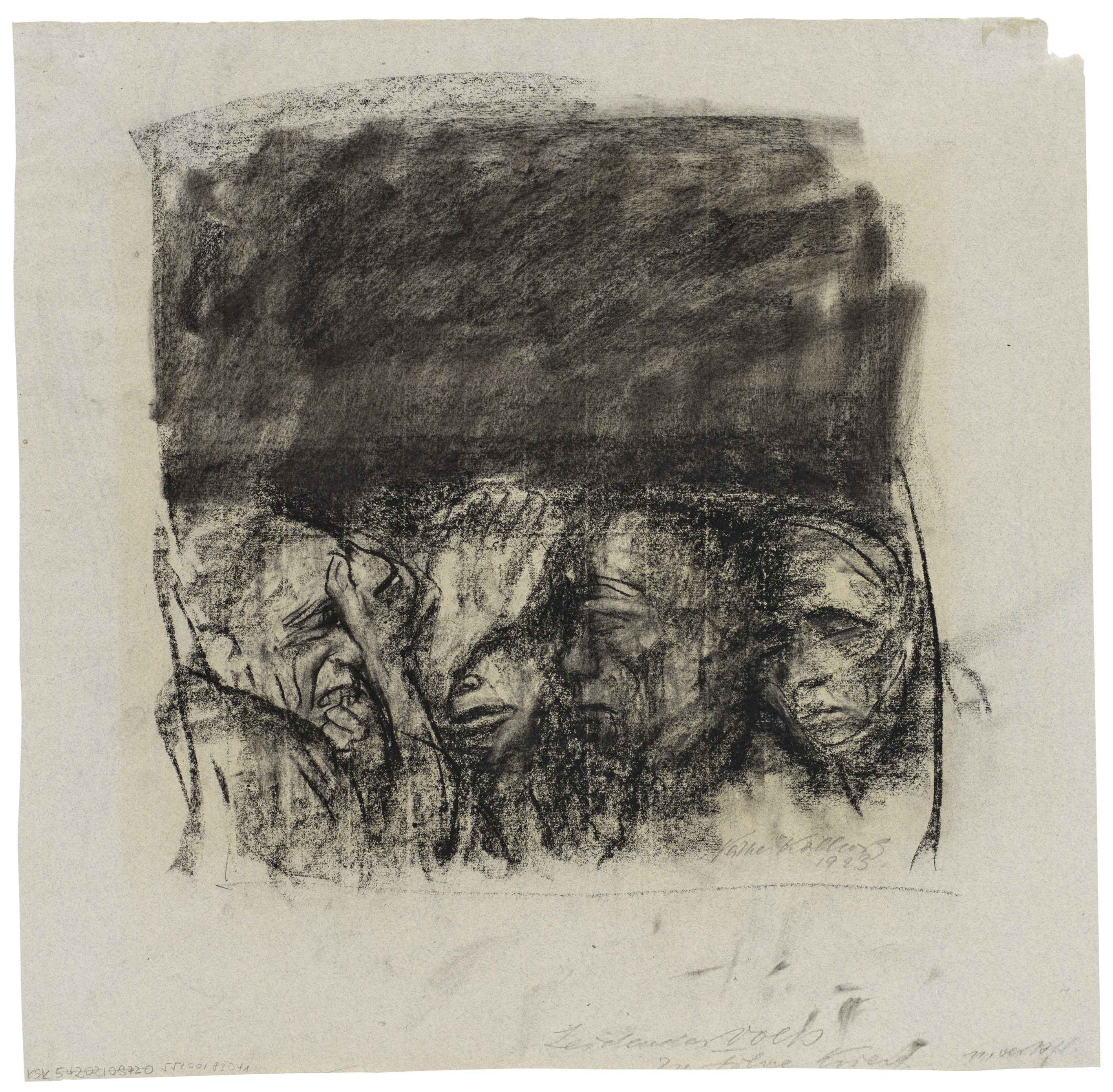 Käthe Kollwitz, The People, 1923, black crayon on blue Ingres laid paper, 442 x 455 mm, NT 972, Kollwitz Museum Köln, Inv. Nr. 70200/83041.
