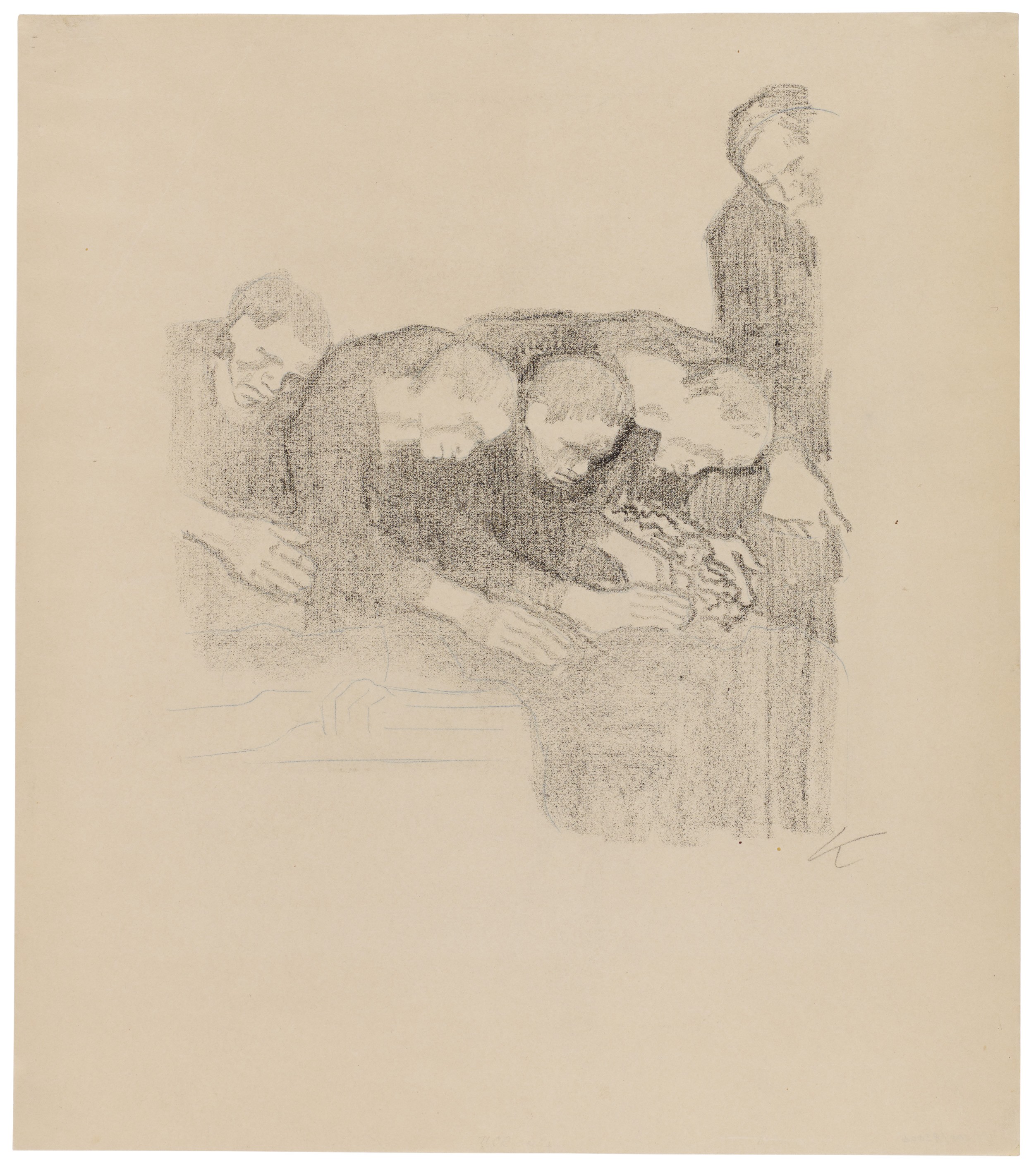 Käthe Kollwitz, In Memory of Ludwig Frank, rejected second version, 1914, crayon lithograph (transfer print), reworked with blue crayon, 337 x 306 mm, Kn 131 I, Kollwitz Museum Köln, Inv. Nr. 70300/93006.