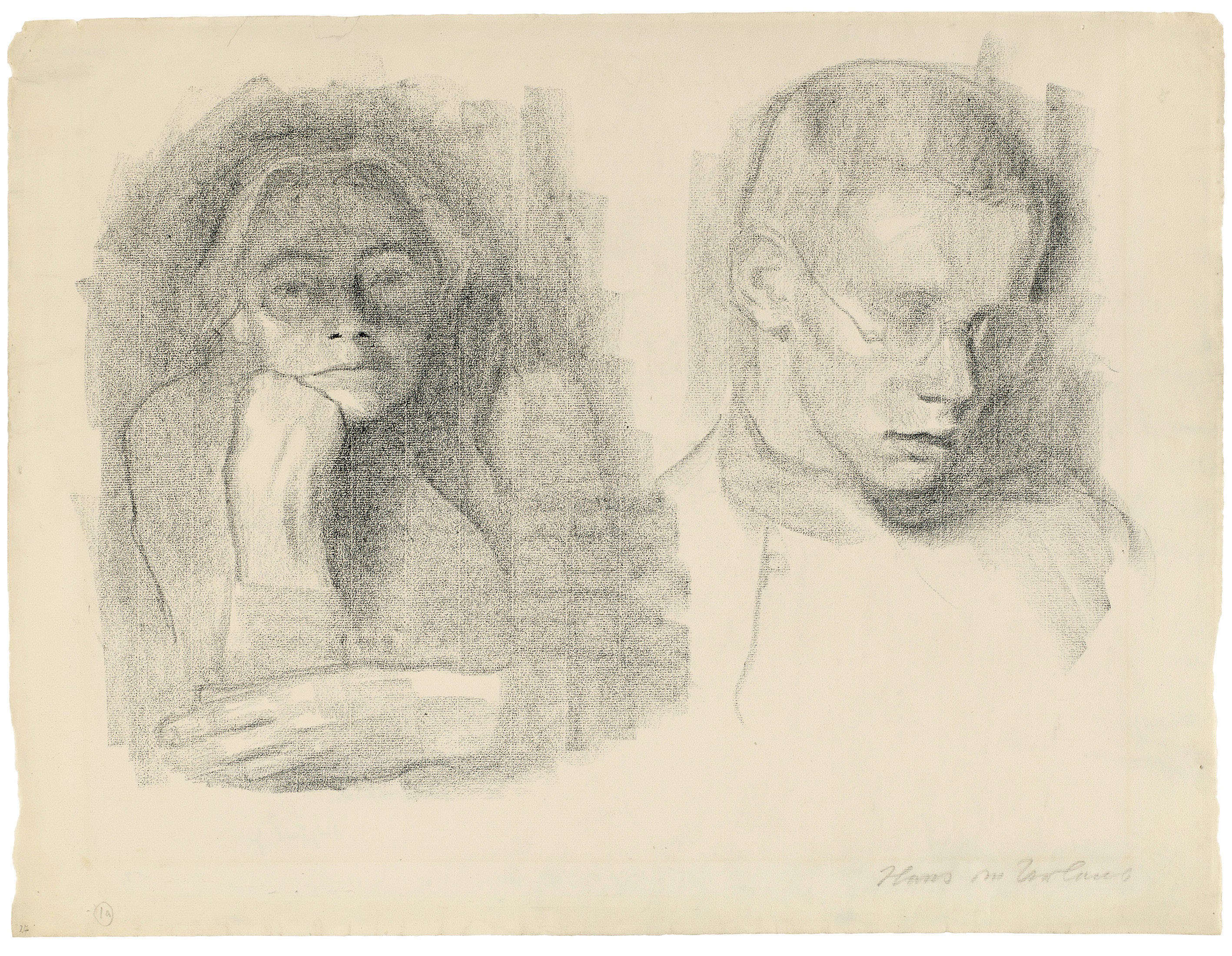 Käthe Kollwitz, Self-portrait with her Son Hans, 1914–16, black crayon on Ingres paper, 478 x 632 mm, NT 732, Kollwitz Museum Köln, Inv. Nr. 70200/90042. 