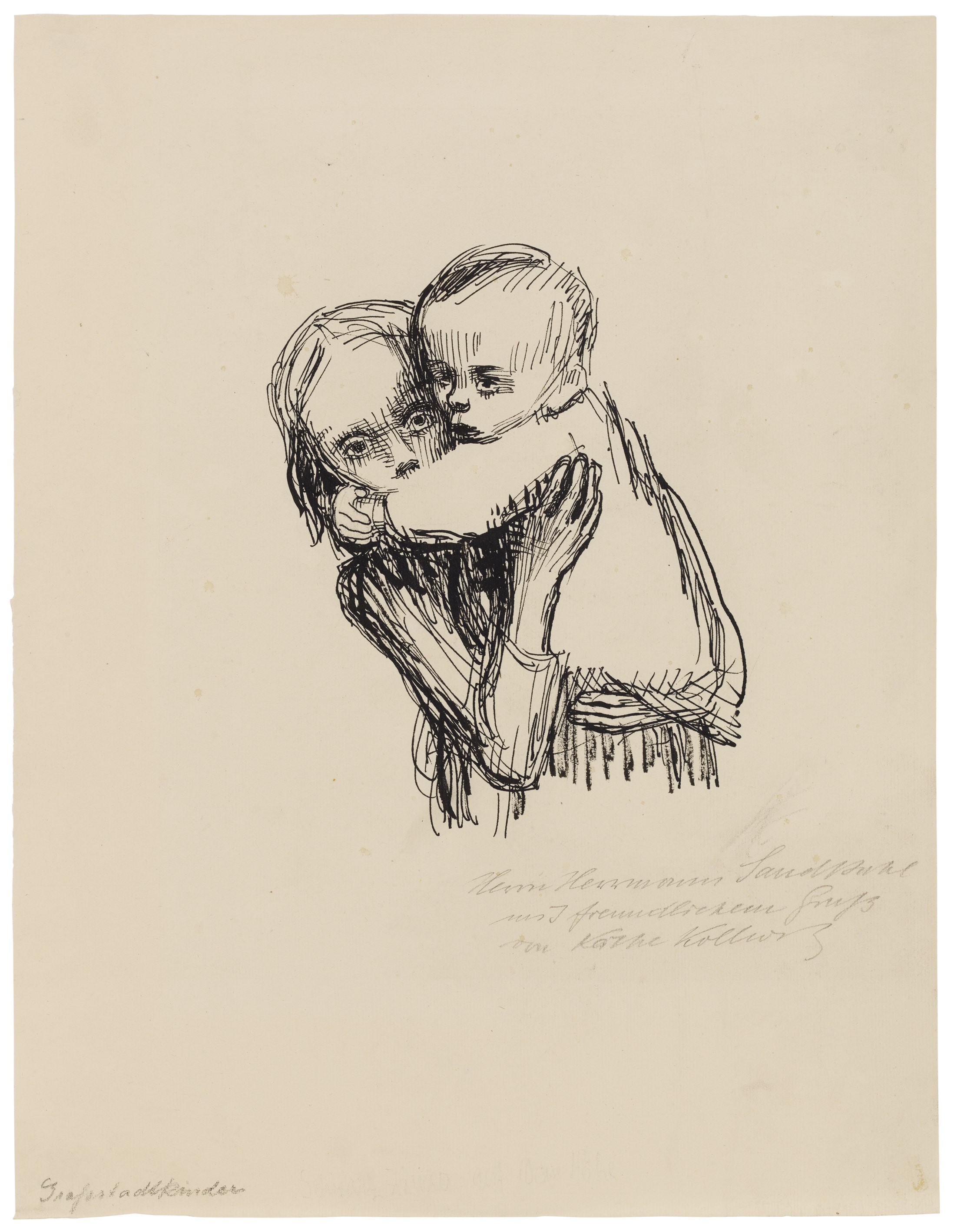 Käthe Kollwitz, City Children, 1923, pen on yellowish laid paper, 205 x 165 mm, NT 997a, Kollwitz Museum Köln, Inv. Nr. 70200/96021. 