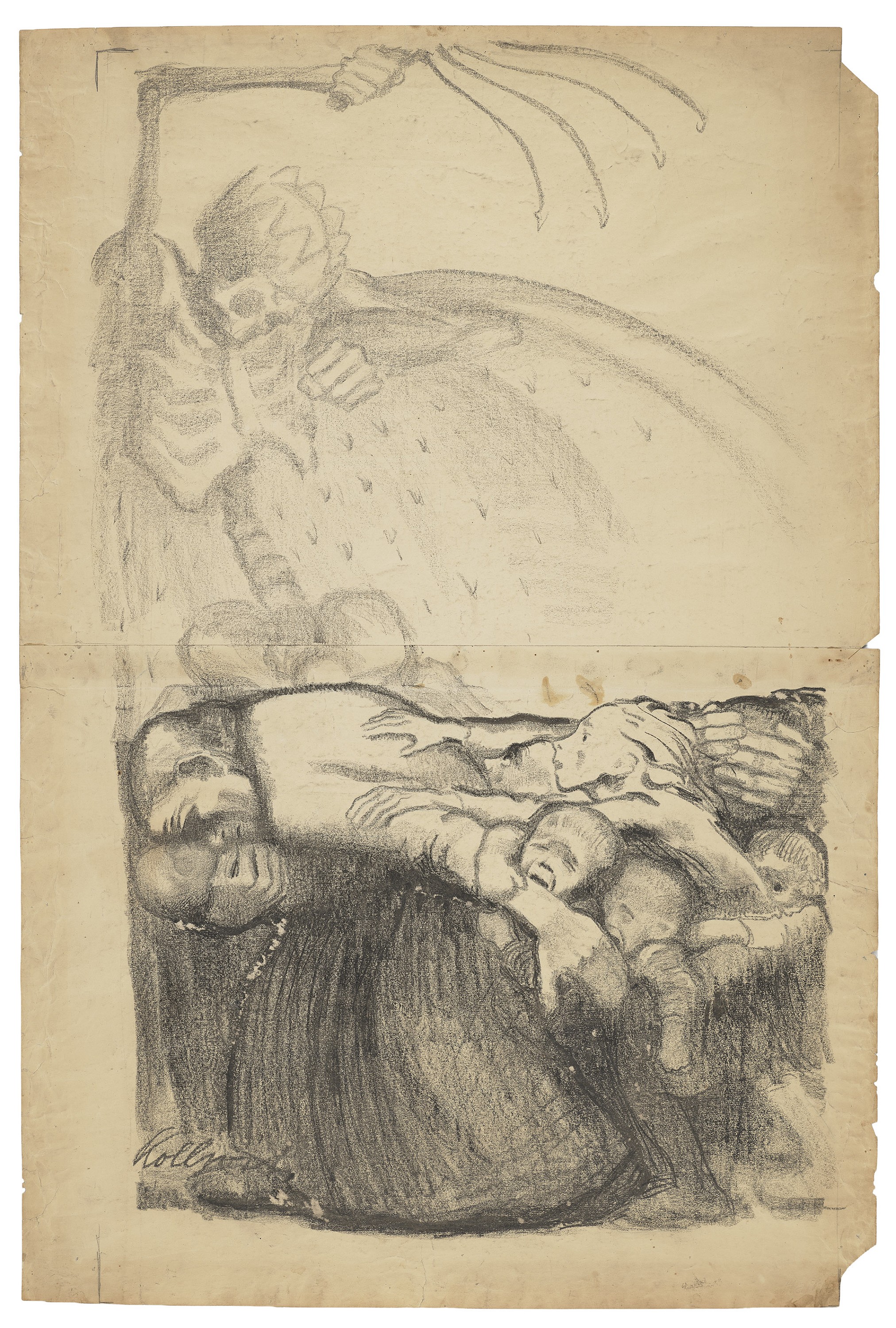 Käthe Kollwitz, »Vienna is dying! Save its Children!«, 1920, transfer drawing for the poster, lithographic chalk and blue coloured pencil, on smooth, brownish paper, 969 x 657 mm, NT (861a), Kollwitz Museum Köln, permanent loan Giv and Schirin von Koerber.