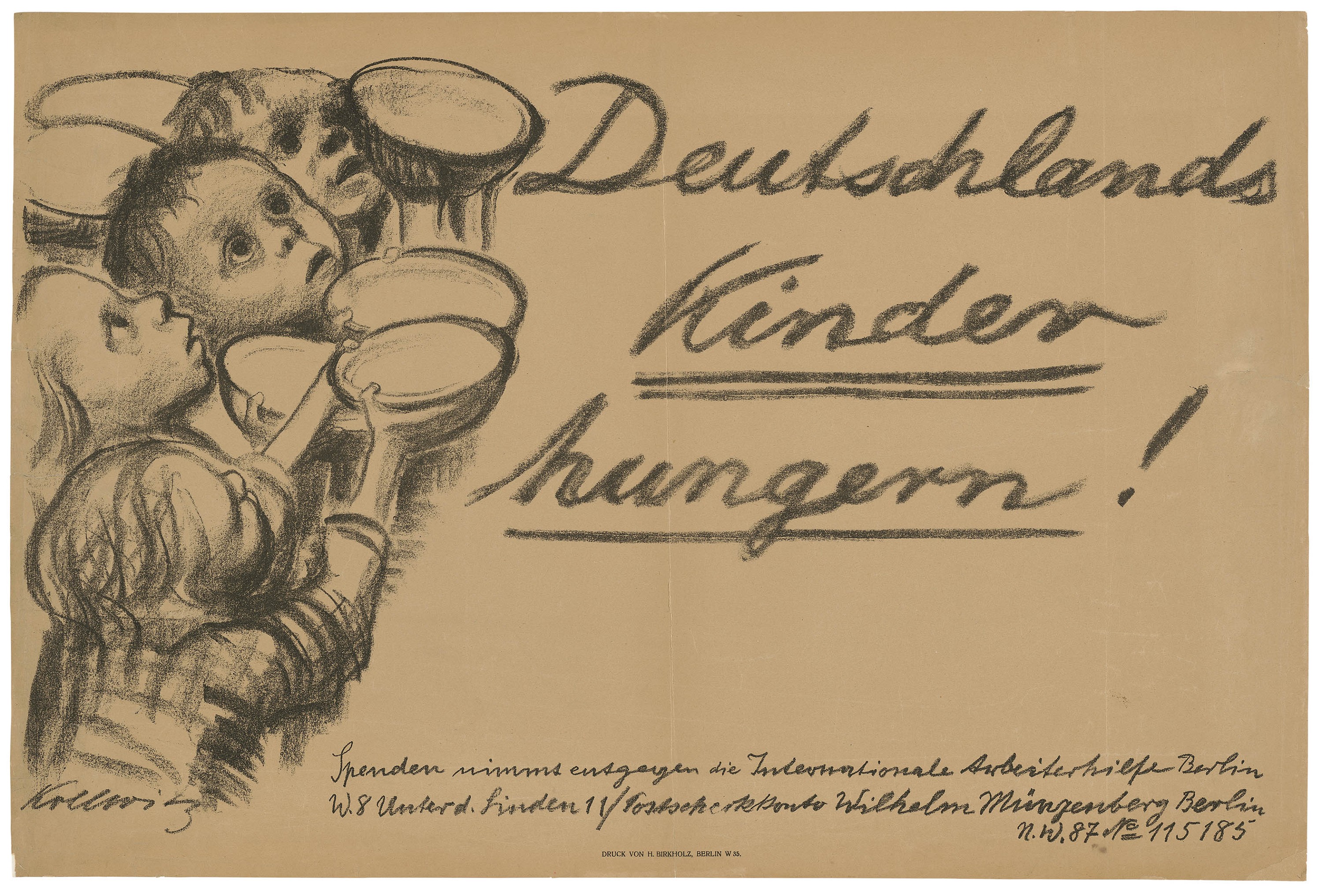 Käthe Kollwitz, Poster »Germany’s Children are starving!«, 1923, chalk lithograph (transfer), 420 x 690 mm, Kn 202 B, Kollwitz Museum Köln, Inv. Nr. 70300/86045. 