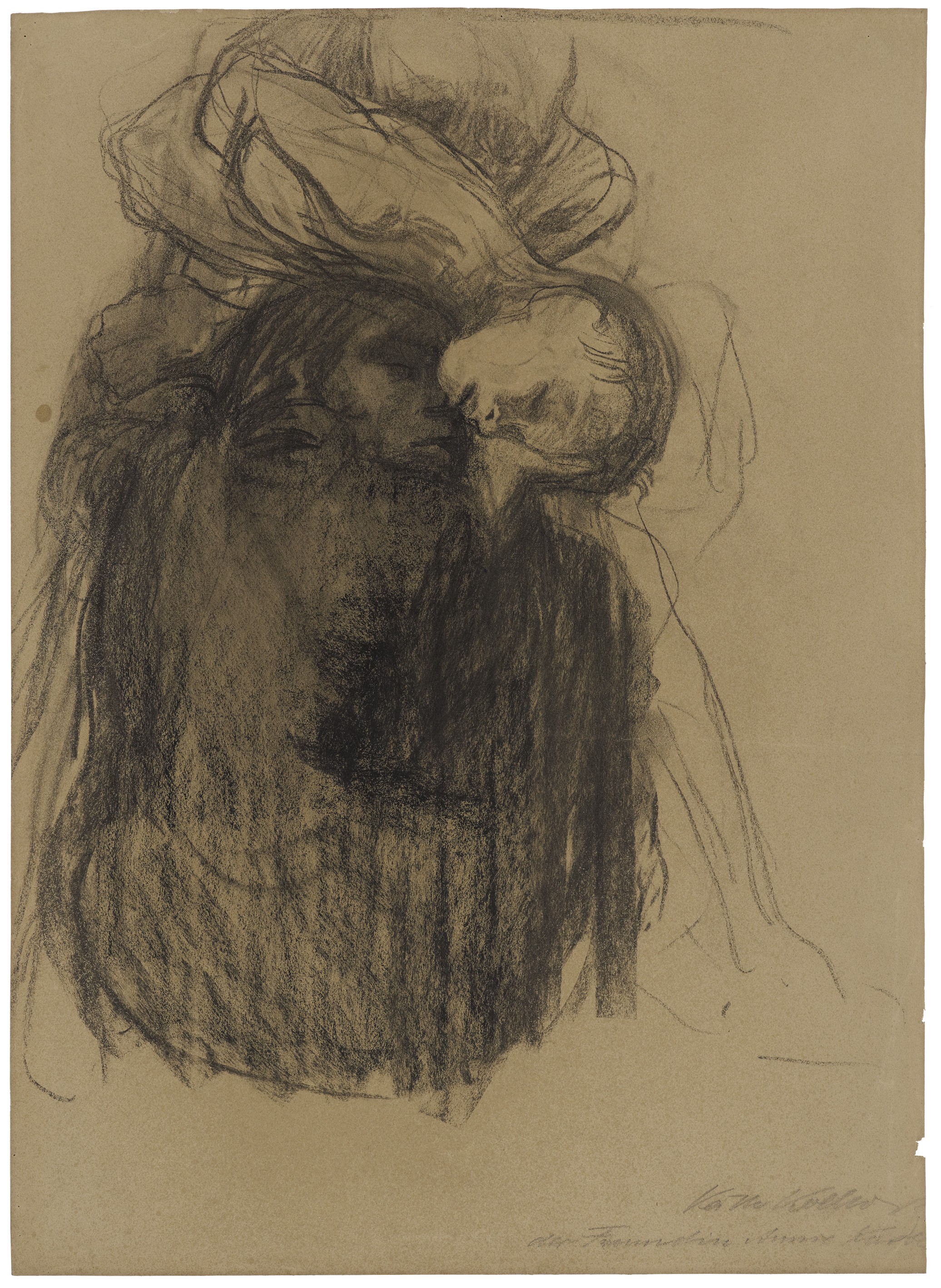 Käthe Kollwitz, Death, Woman and Child, 1910, black crayon, stumped, on brownish paper, 622 x 464 mm, NT 609, Kollwitz Museum Köln, Inv. Nr. 70200/99001.
