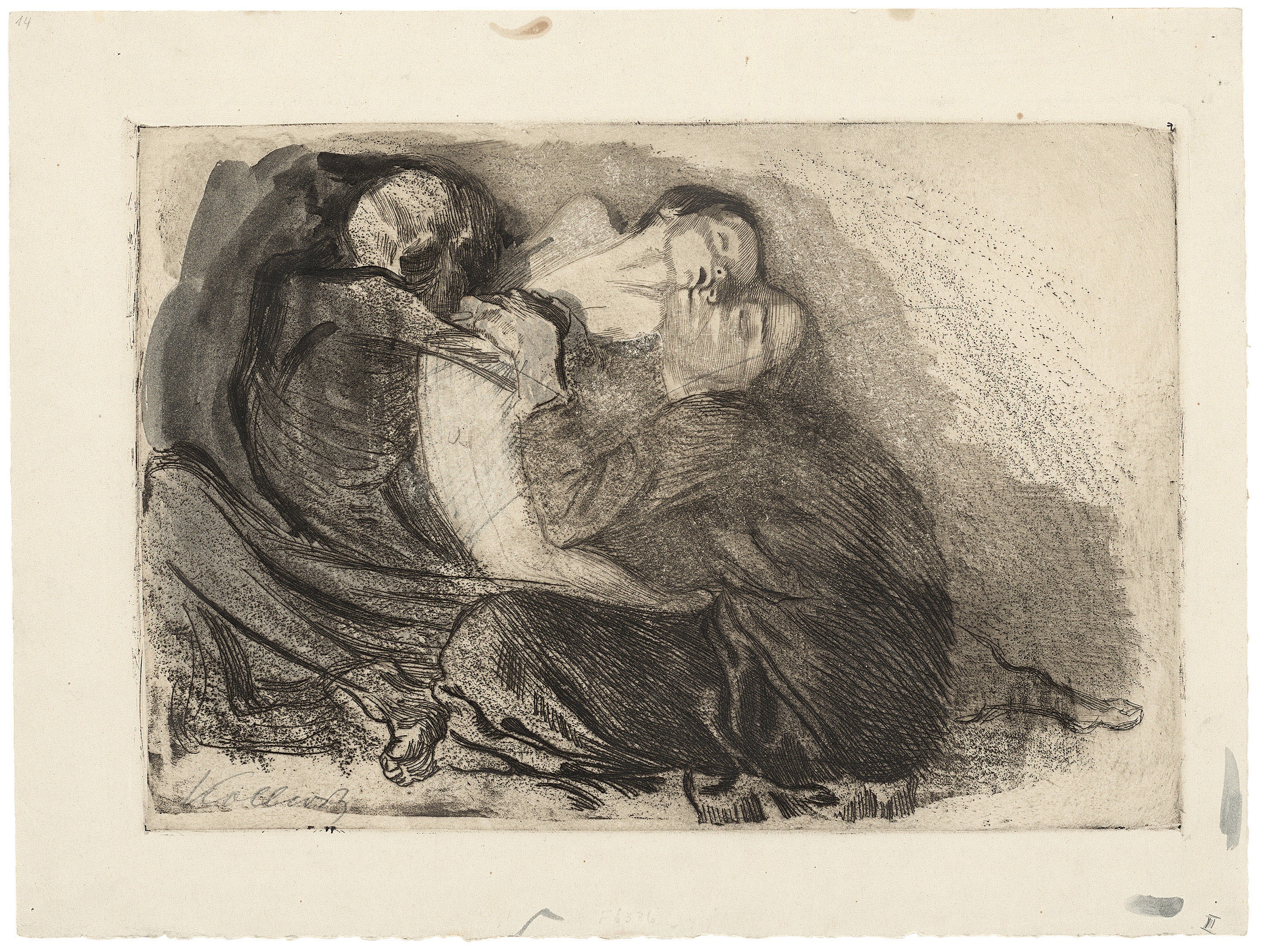 Käthe Kollwitz, Death snatching a Sick Child from its Mother, rejected plate, 1911, line etching, drypoint and sandpaper, 238 x 345 mm, Kn 119 II, Kollwitz Museum Köln, Inv. Nr. 70300/03008.