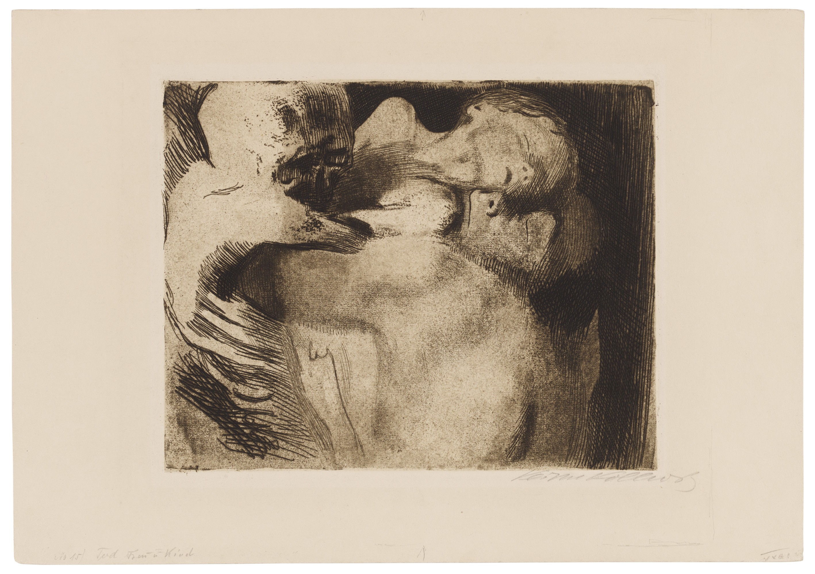 Käthe Kollwitz, Death and Woman wrestling over a Child, 1911, line etching, drypoint, sandpaper and vernis mou with imprint of laid paper, 226 x 286 mm, Kn 121 IX e, Kollwitz Museum Köln, Inv. Nr. 70300/87016
