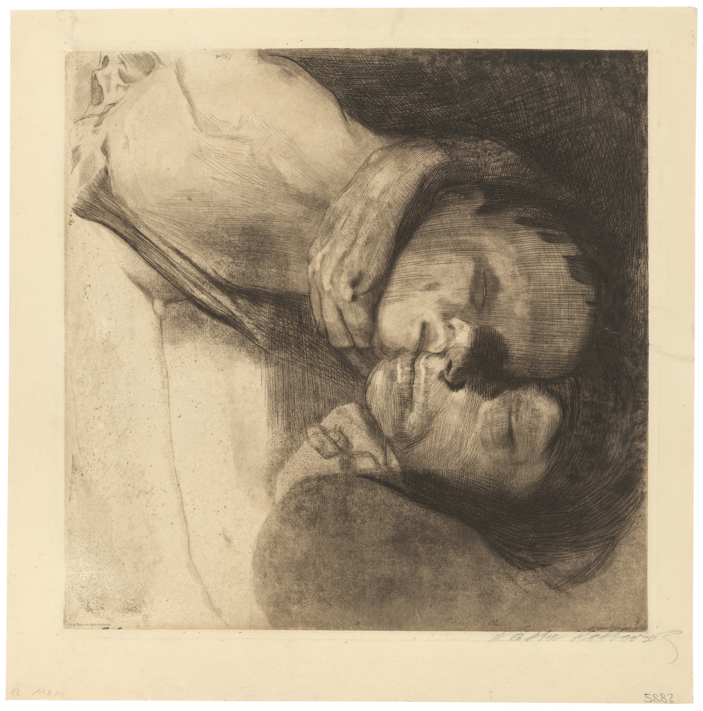 Käthe Kollwitz, Death, Woman and Child, 1910, line etching, drypoint, sandpaper and vernis mou with imprint of laid paper and Ziegler's transfer paper, 404 x 407 mm, Kn 108 XIII, Kollwitz Museum Köln, Inv. No. 70300/84023.