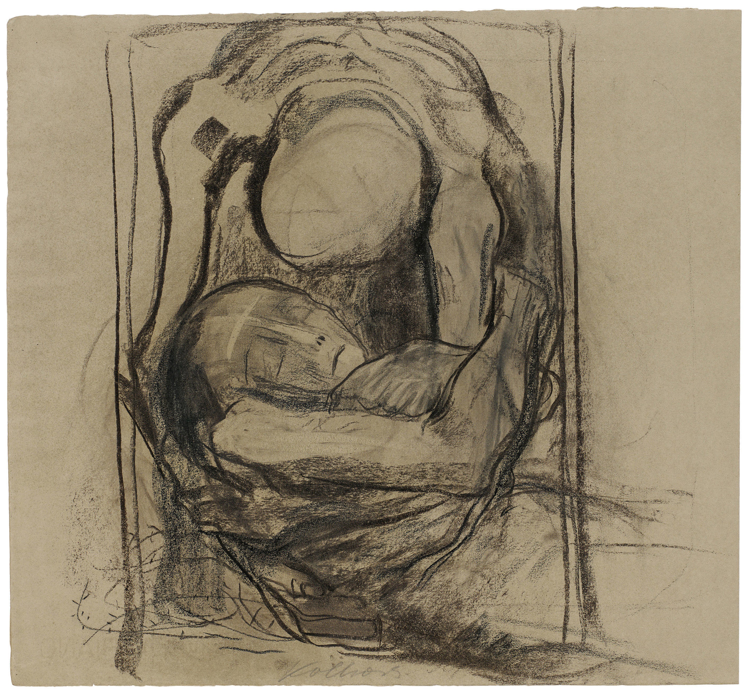 Käthe Kollwitz, Death takes a Woman, 1921/22, charcoal, black and brown crayon, blotted, on olive-brown laid paper, 446 x 479 mm, NT 885, Kollwitz Museum Köln, Inv. Nr. 70200/83035.