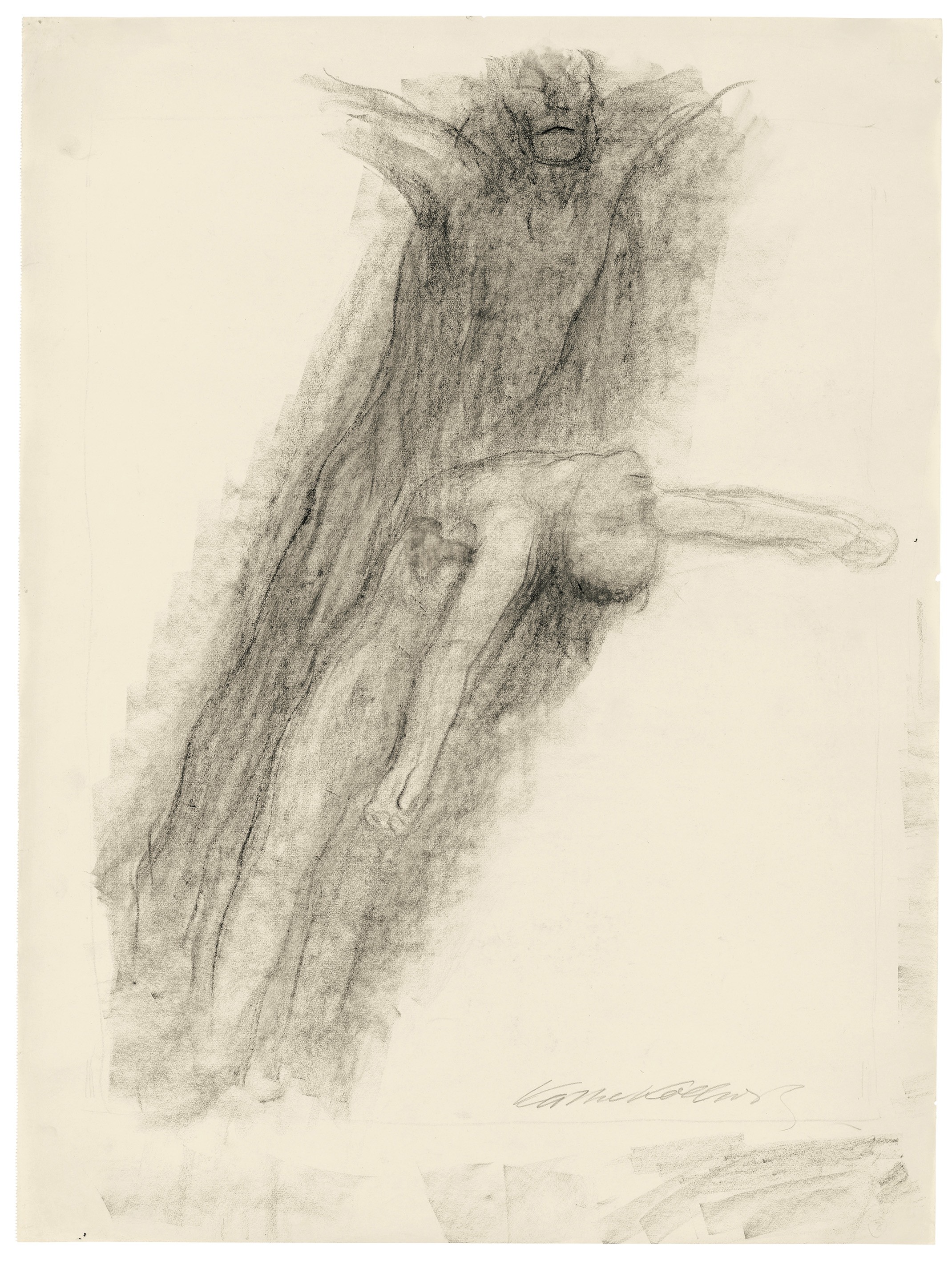 Käthe Kollwitz, Death and young Man, gliding upwards, c. 1922/23, black crayon, stumped, on drawing paper, 645 x 482 mm, NT 963, Kollwitz Museum Köln, Inv. Nr. 70200/02022.