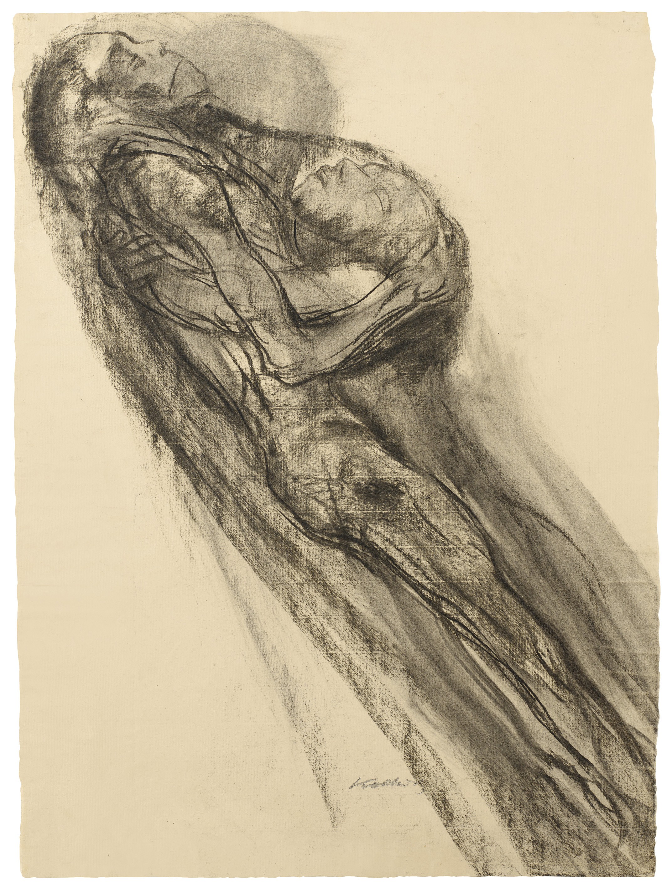 Käthe Kollwitz, Death with Peter, gliding upwards, 1922/23, charcoal, stumped, on Ingres paper, 605 x 452 mm, NT 967, Kollwitz Museum Köln, Inv. Nr. 70200/86003