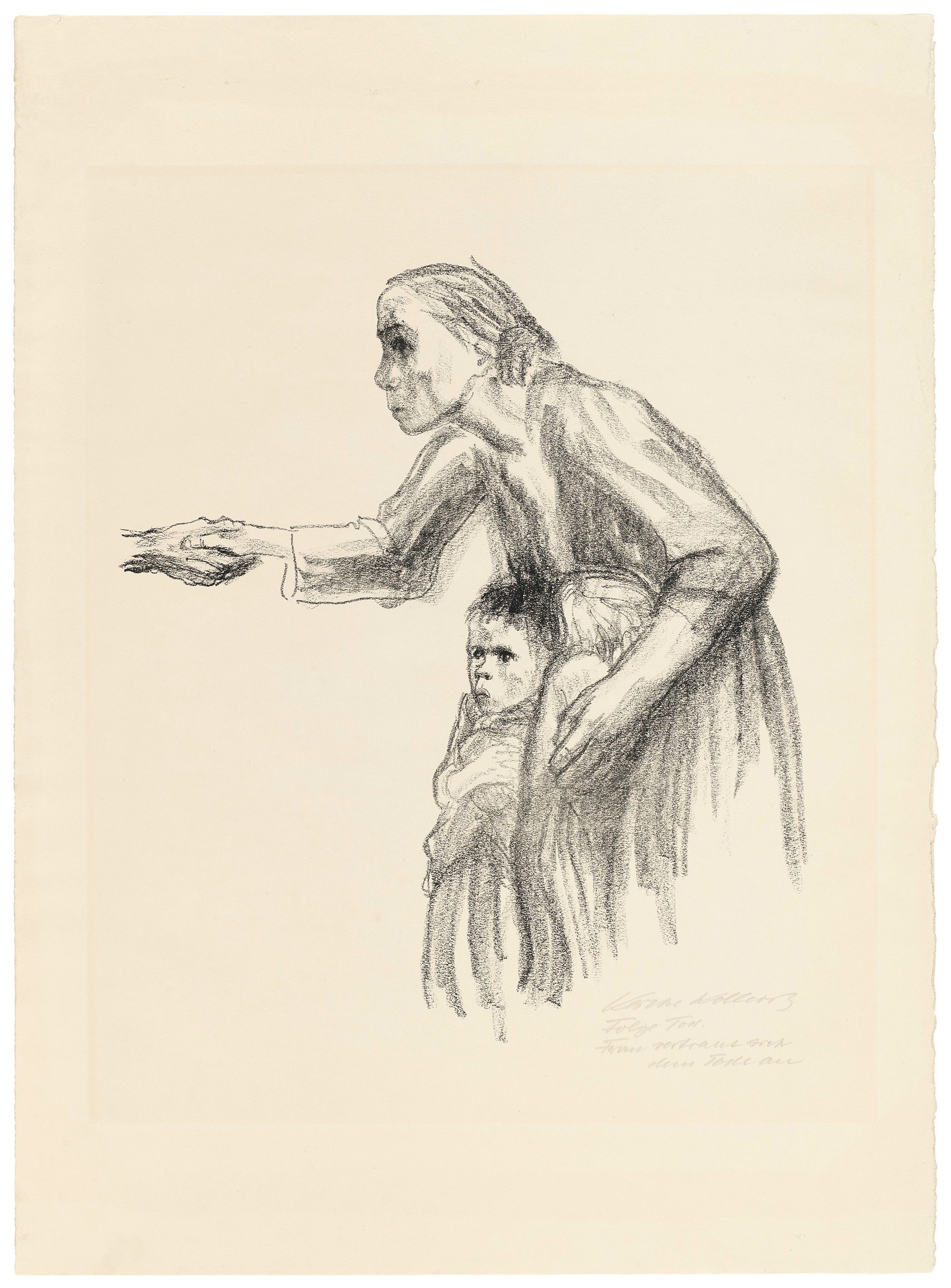 Käthe Kollwitz, Woman entrusts herself to Death, sheet 1 of the series »Death«, 1934, crayon lithograph, 460 x 395 mm, Kn 264 b, Kollwitz Museum Köln, Inv. Nr. 70300/89027. 