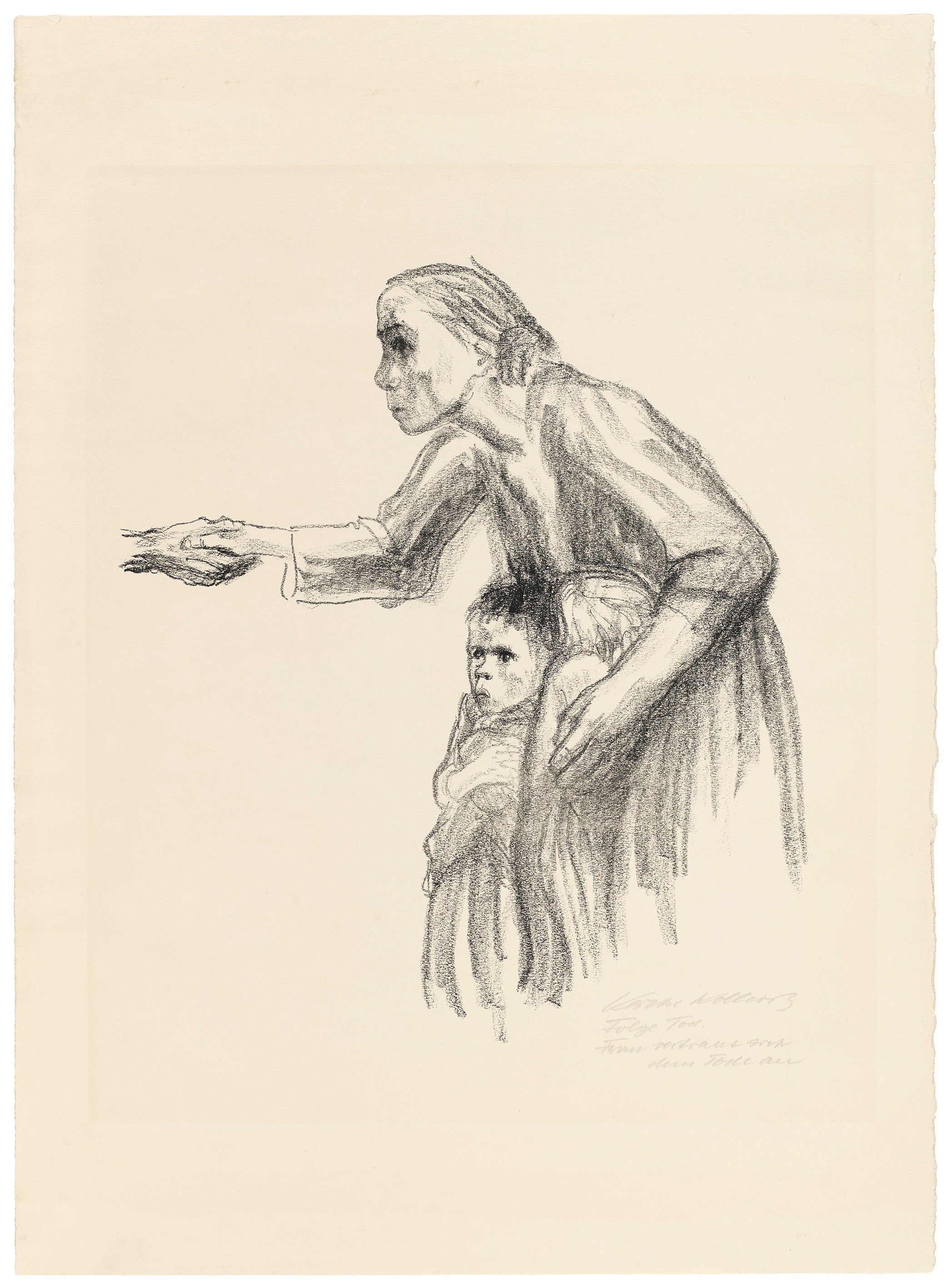 Käthe Kollwitz, Woman entrusts herself to Death, sheet 1 of the series »Death«, 1934, crayon lithograph, 460 x 395 mm, Kn 264 b, Kollwitz Museum Köln, Inv. Nr. 70300/89027. 